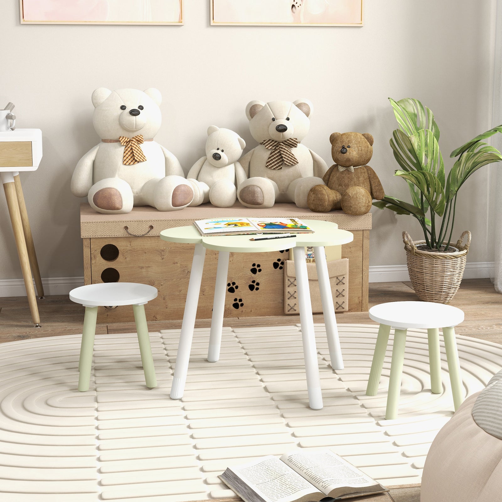 Kids Table And Chair Set, Flower Design, For Ages 2-5 Years - Green