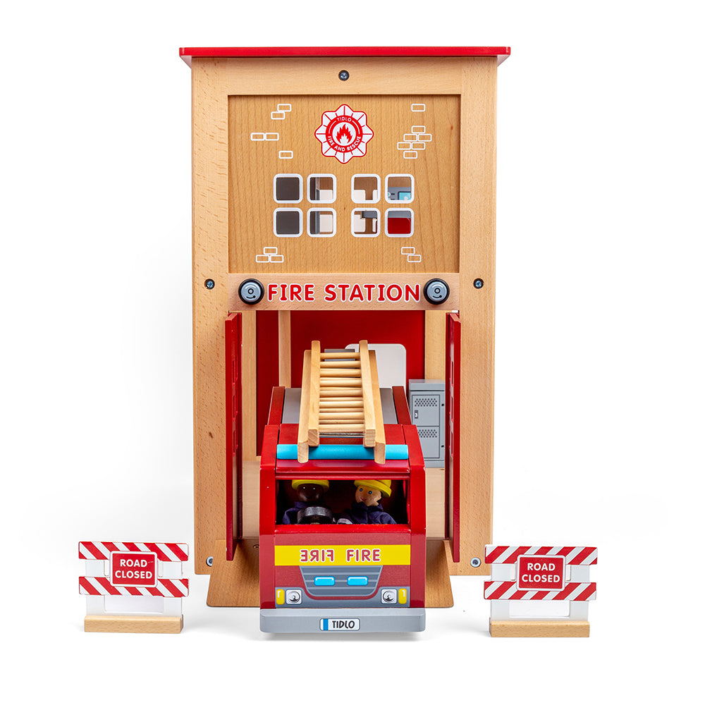 Tidlo Wooden Fire Station Bundle, Includes Fire Engine & 4 Figures