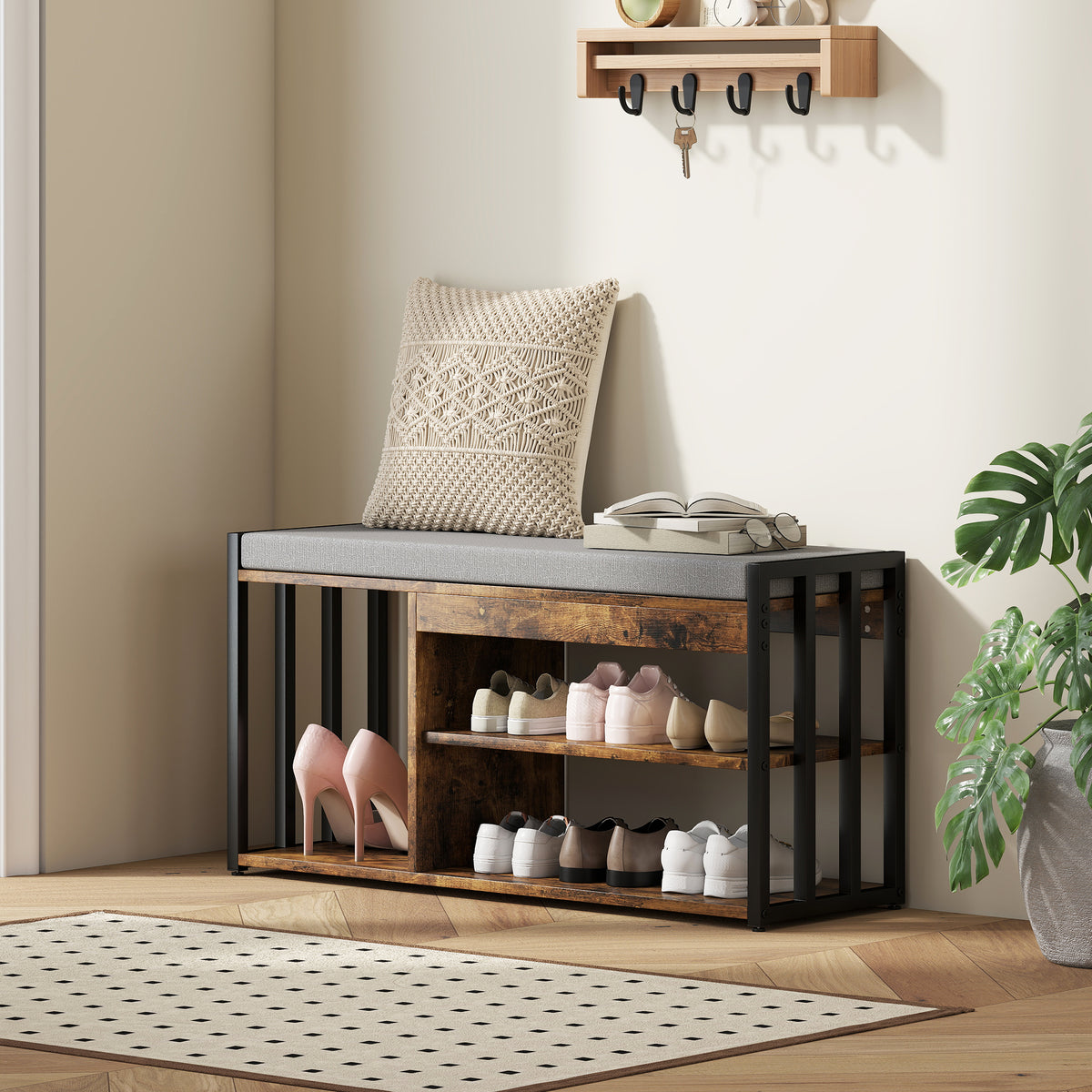 HOMCOM Upholstered Entryway Shoe Bench With Storage Shelves, Rustic Brown