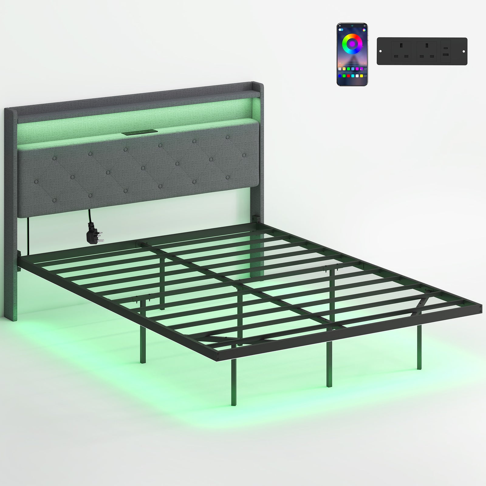 Floating Bed Frame With Rgb Lights, Upholstered Bed | Double | Grey