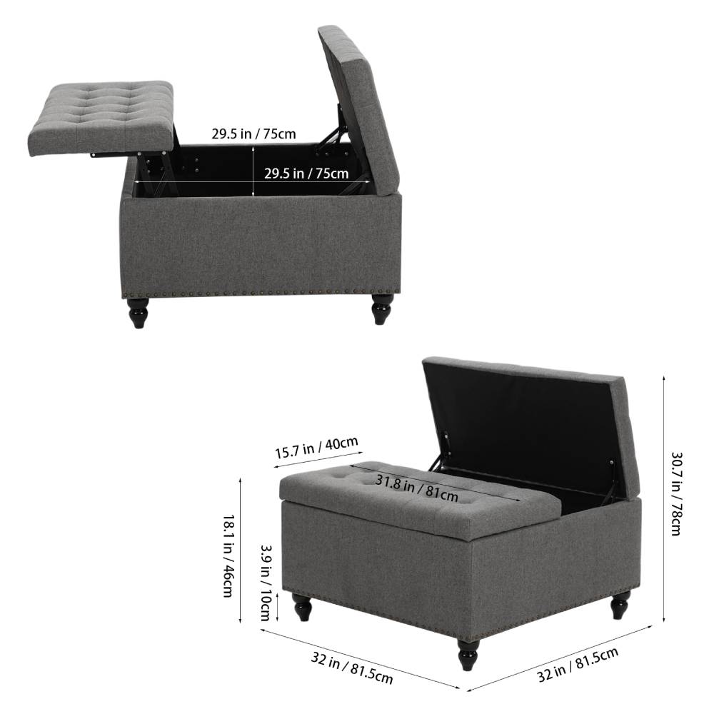 Square Linen Upholstered Storage Ottoman With Lift-top & Flip Design | Grey