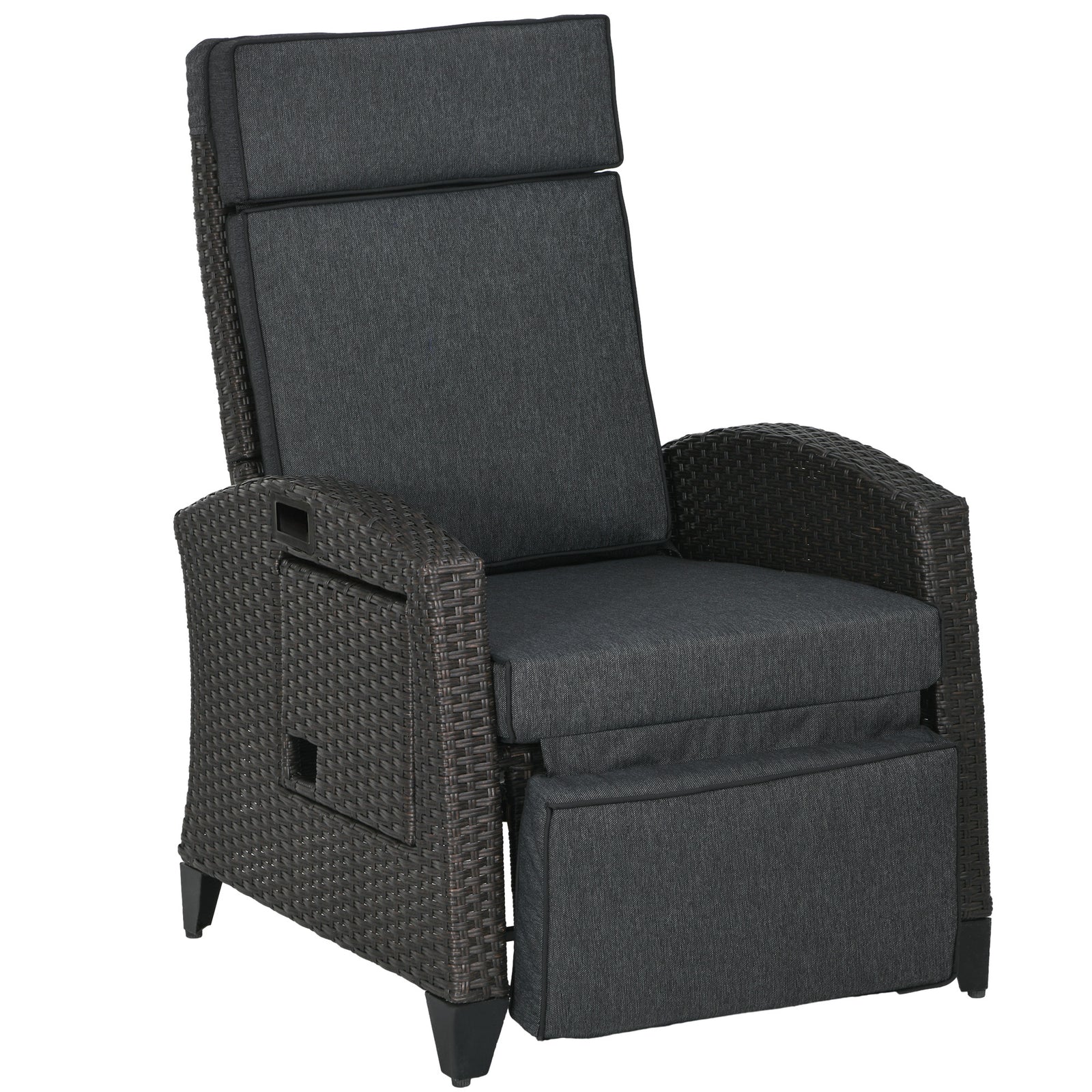 Outdoor Recliner Chair W/ Cushion, Pe Rattan Reclining | Dark Gray