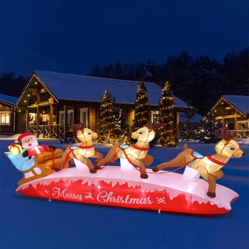 4m W Inflatable Santa And Reindeer Sleigh – Outdoor Christmas Decoration With Built-in Air Blower, Lights & Installation Kit