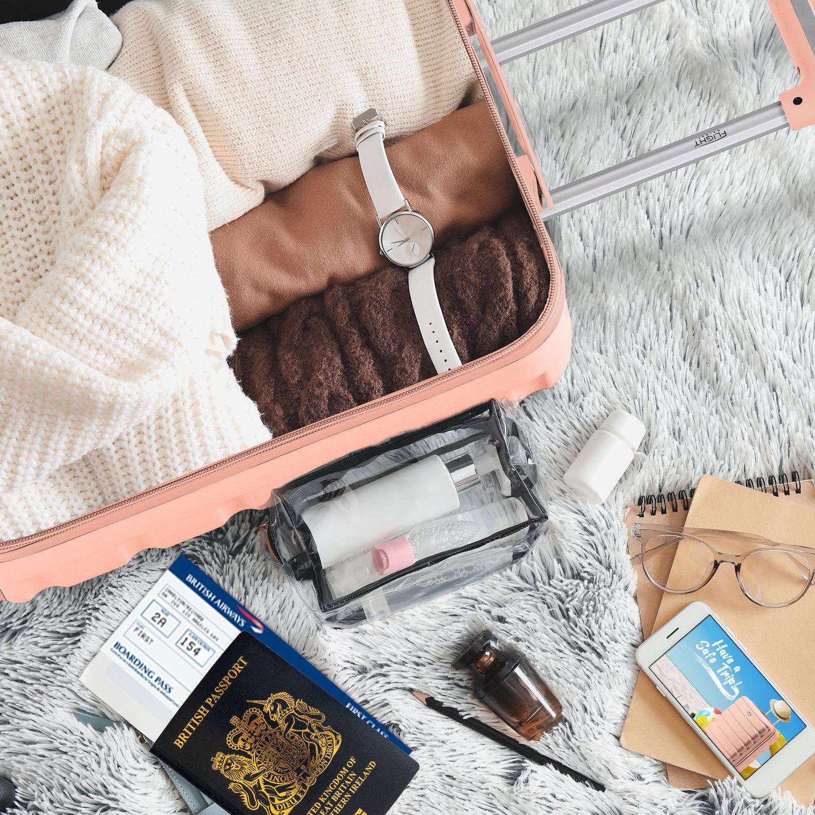56x45x25cm Large Cabin Carry On Case - Overhead Luggage Suitcase - 4 Spinner Wheels - Abs Shell | 56 x 45 x 25cm | Rose Gold