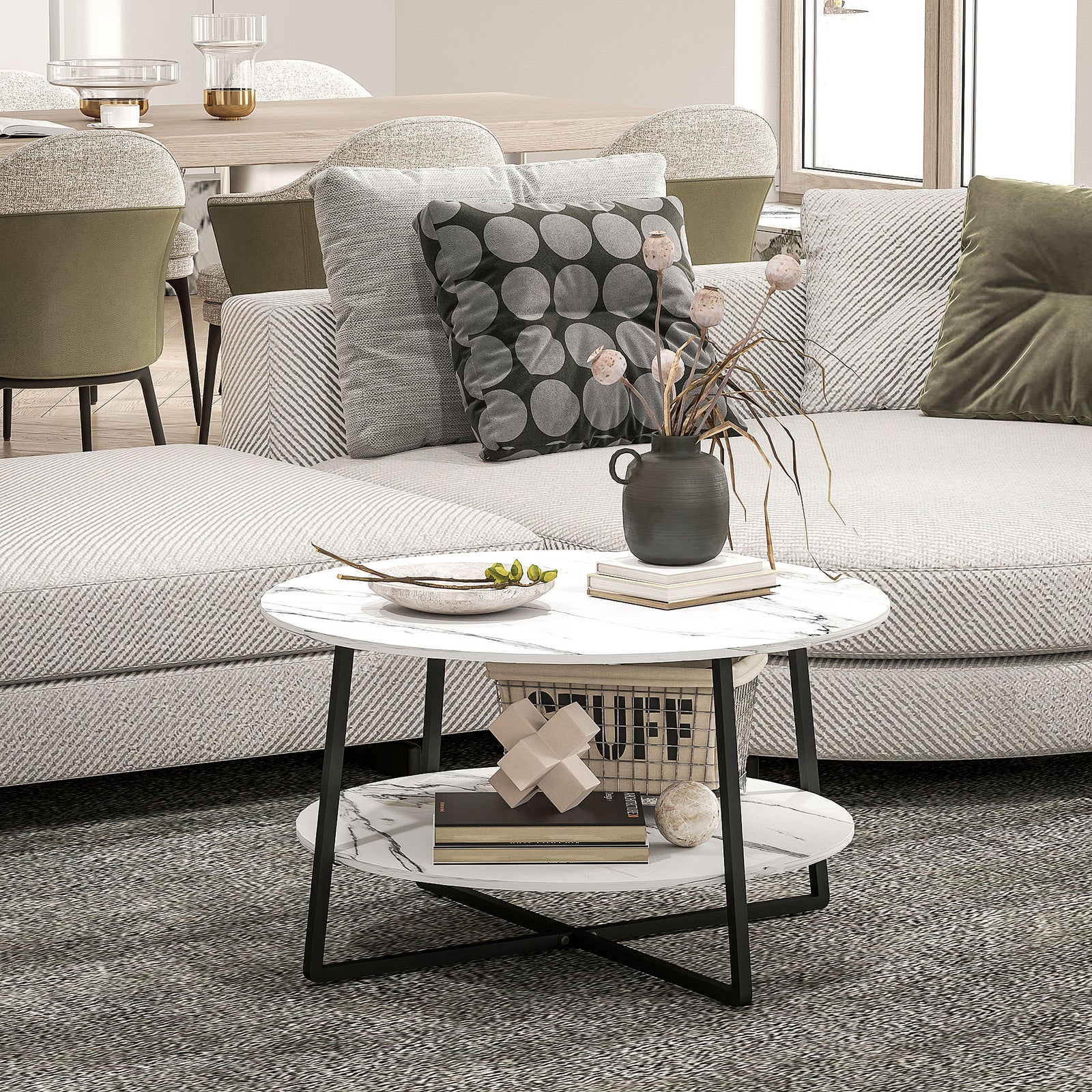 Round Coffee Table With Storage Shelf And Marble Effect Top