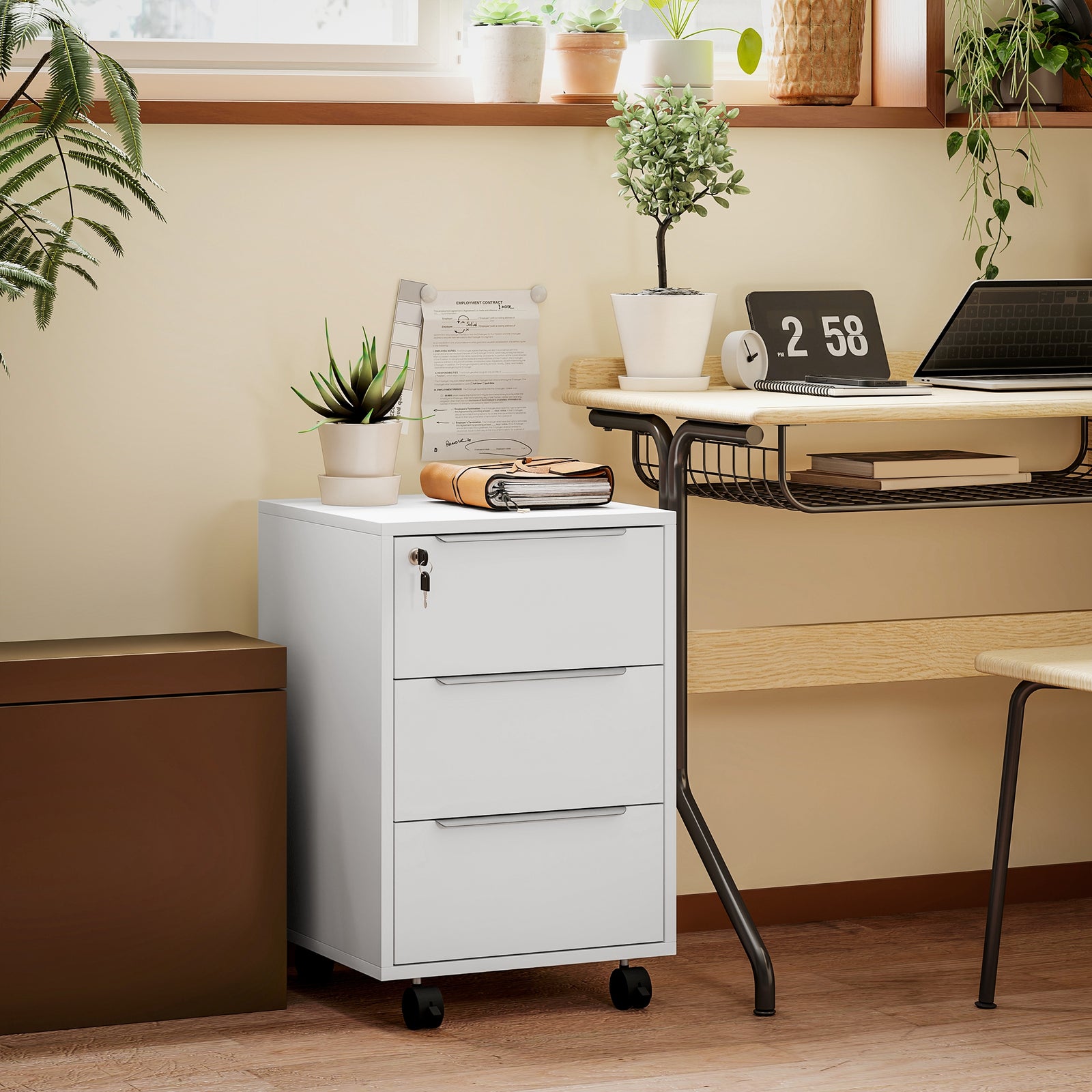 Modern 3-drawer Locking File Cabinet Mobile Filing Cabinet | White