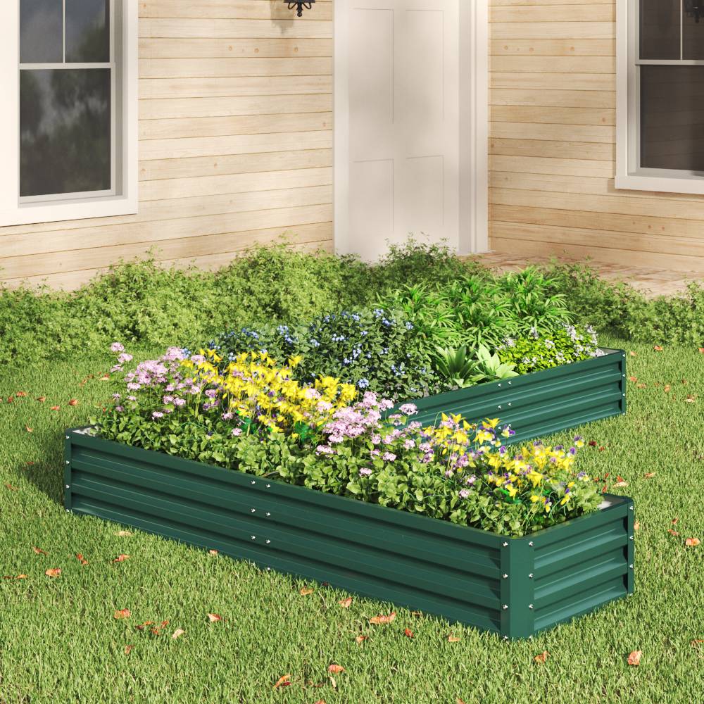 L-shaped Galvanized Steel Raised Garden Bed Raised Planter Box | Dark Green