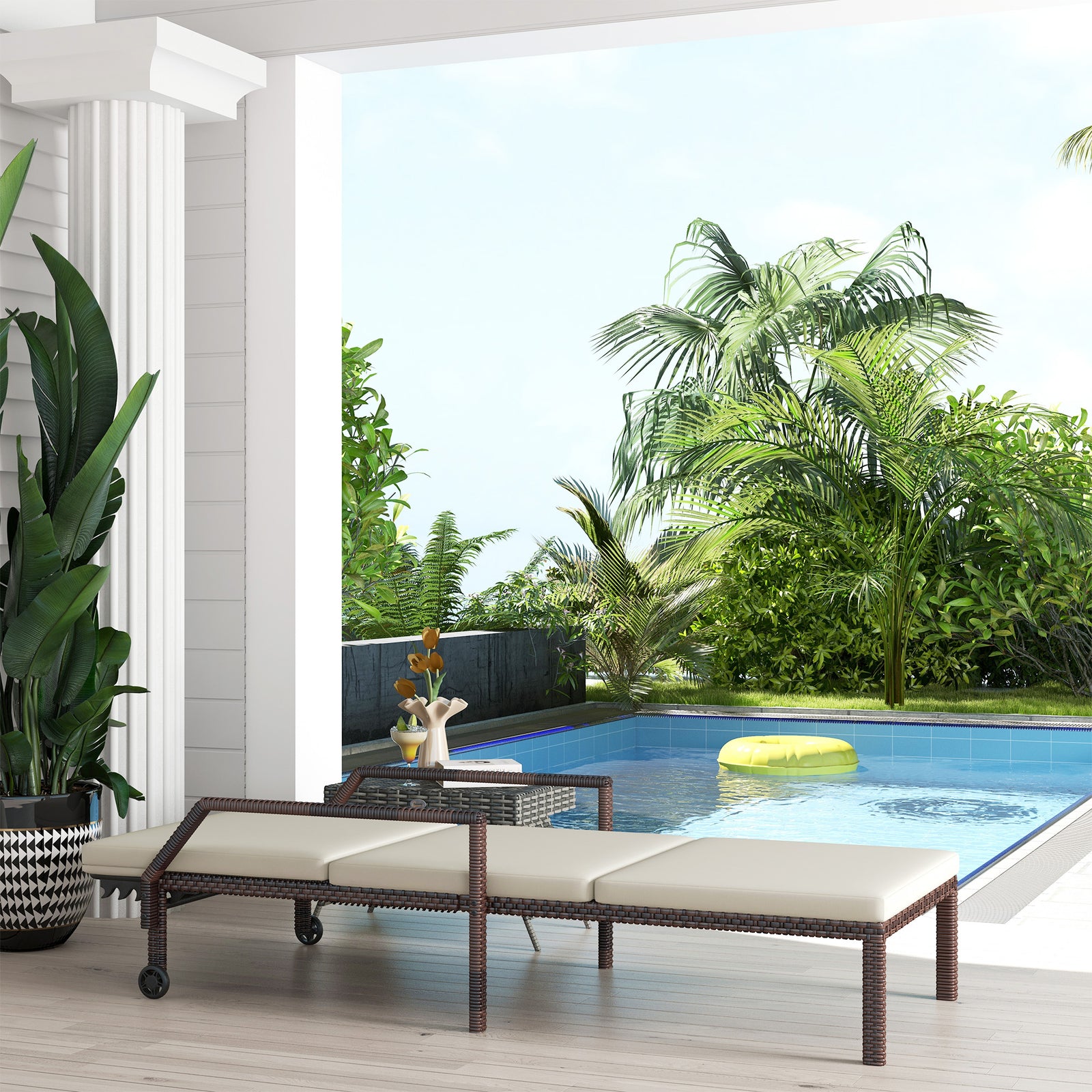 Rattan Wicker Chaise Lounger W/ Adjustable Backrest | Cream