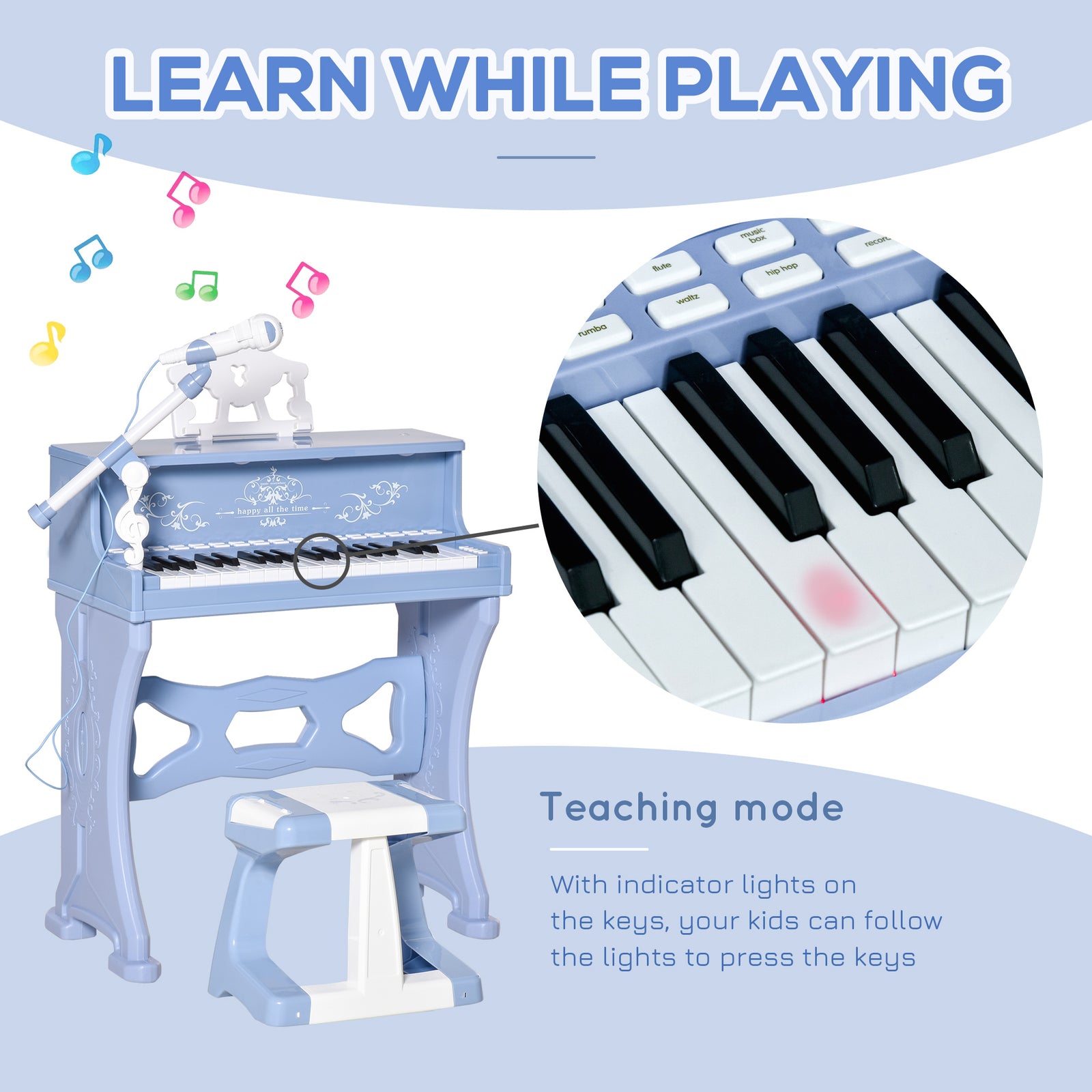 37 Key Keyboard Battery Piano Kids Microphone Stool Educational Game | Blue