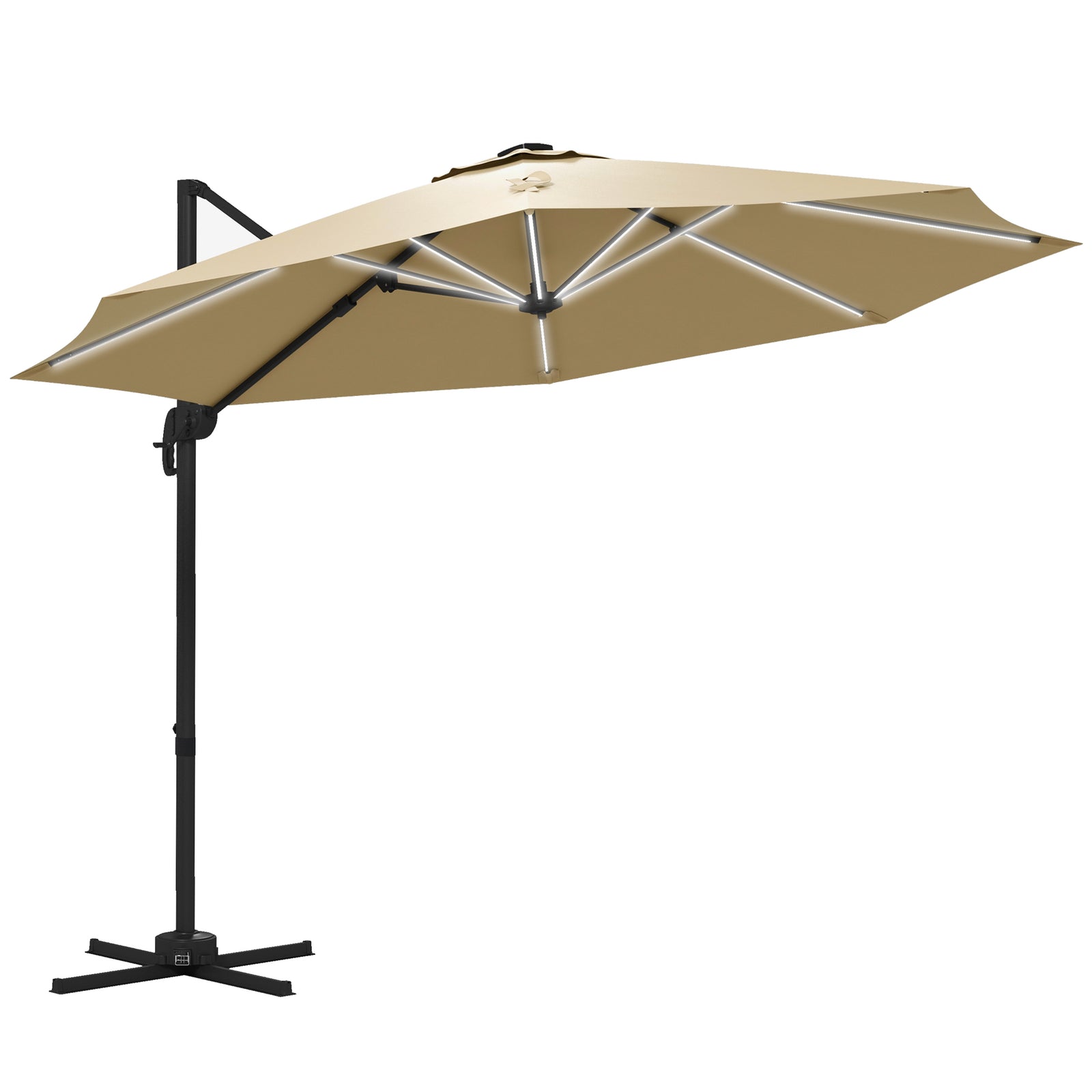 3m Solar Led Cantilever Parasol W/ Base | Khaki