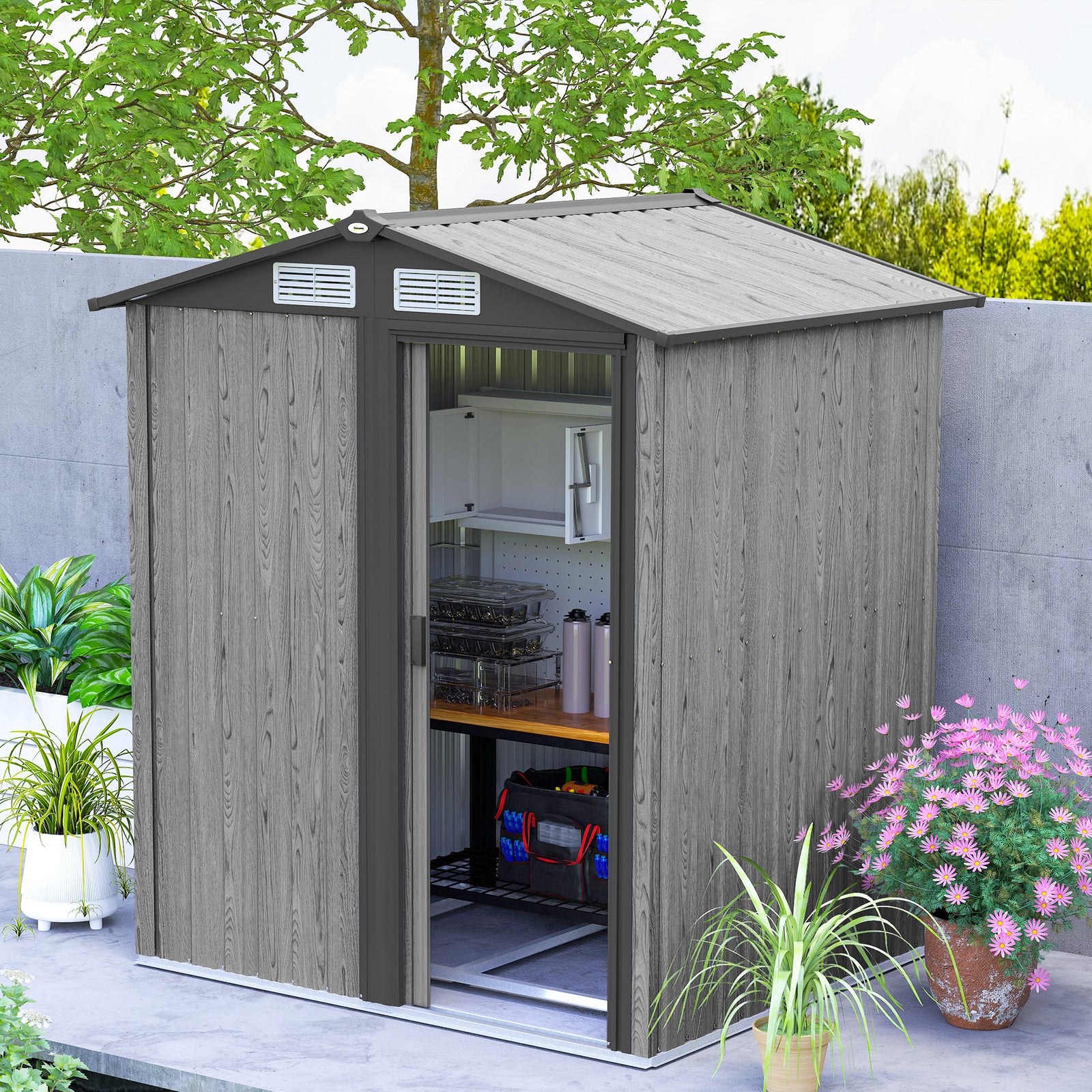 5x4ft Metal Garden Shed, Grey Wood