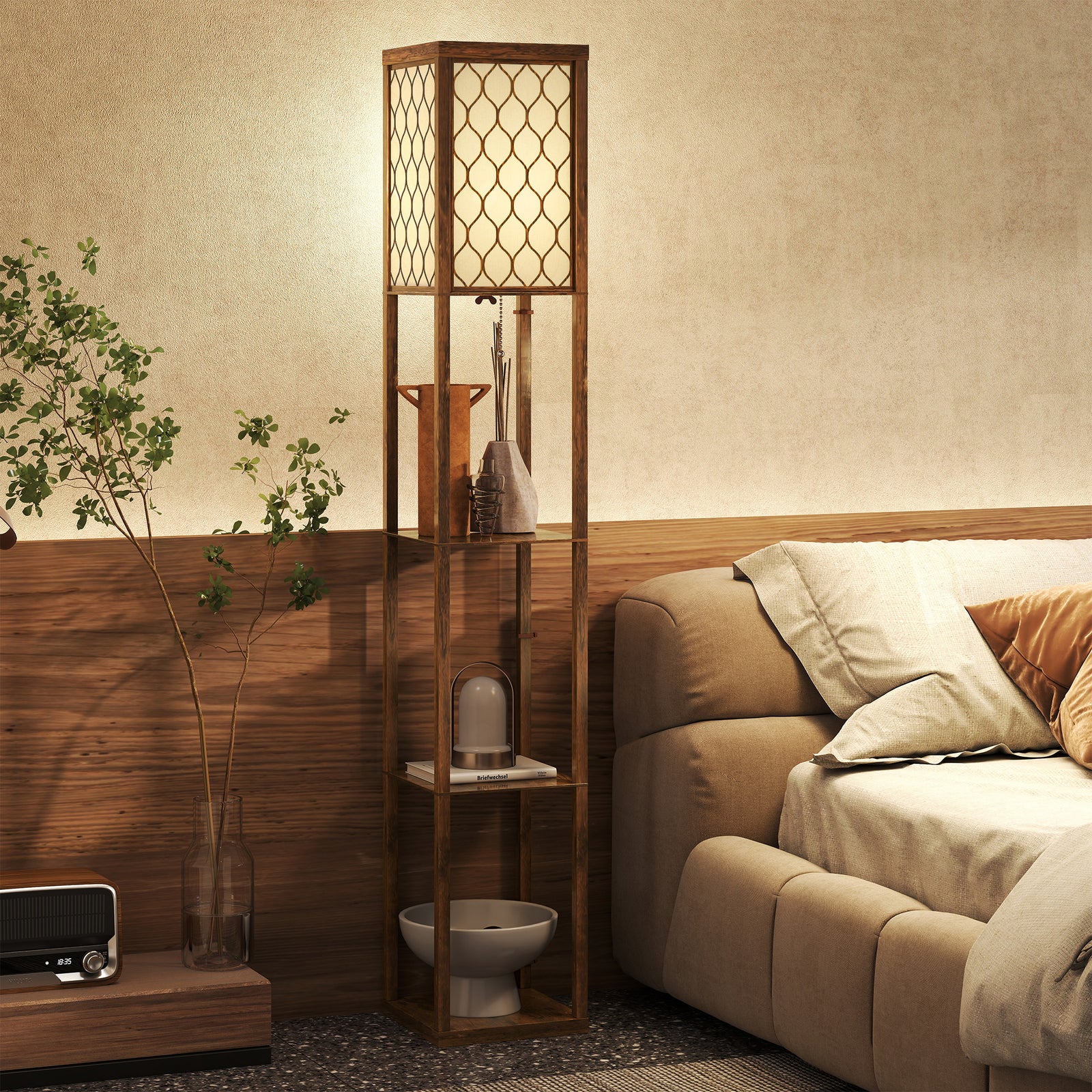 HOMCOM Modern Floor Lamp Light With 3 Shelves Fabric Lampshade, Rustic Brown