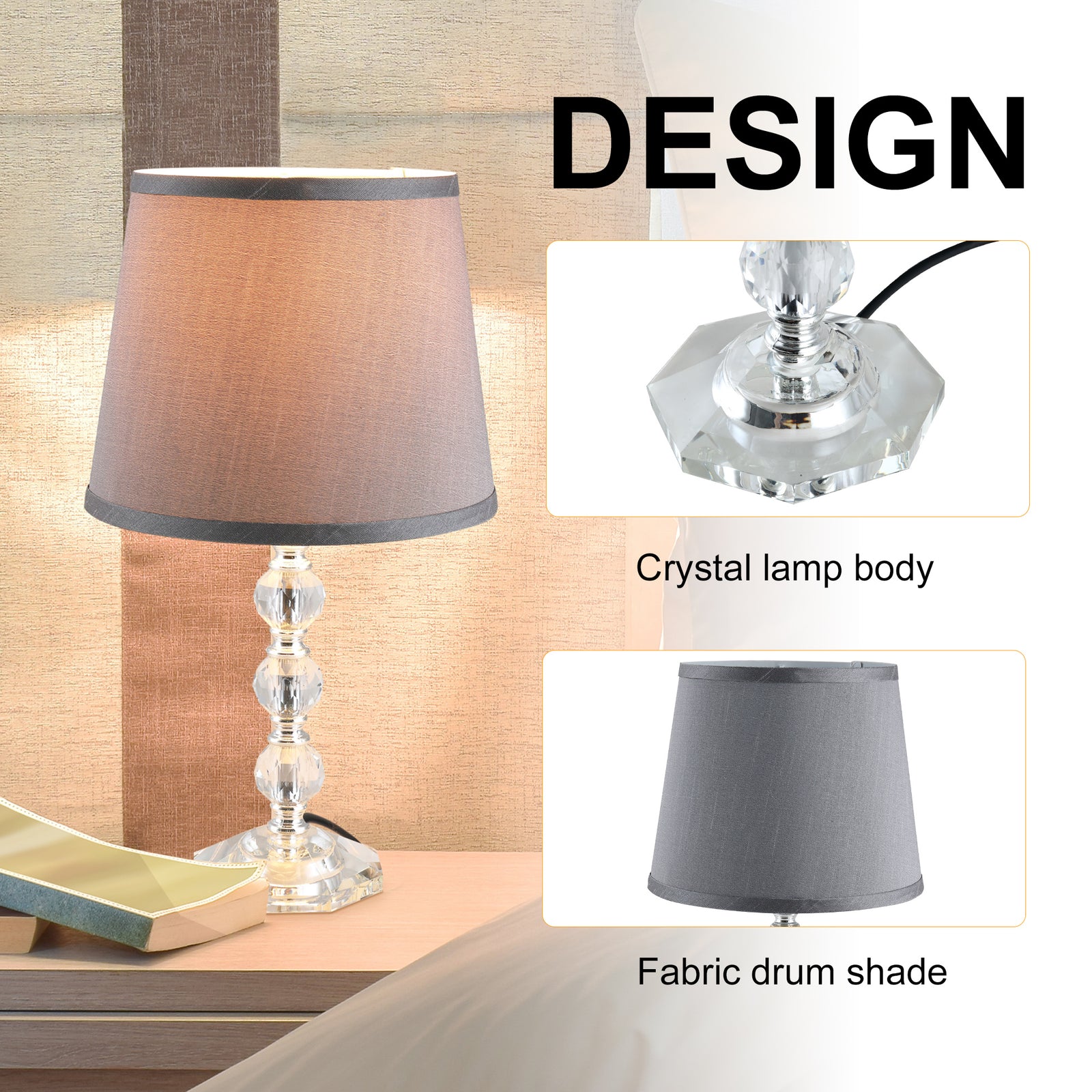 Crystallite Table Lamp W/ Fabric Lampshade Switch Beautiful