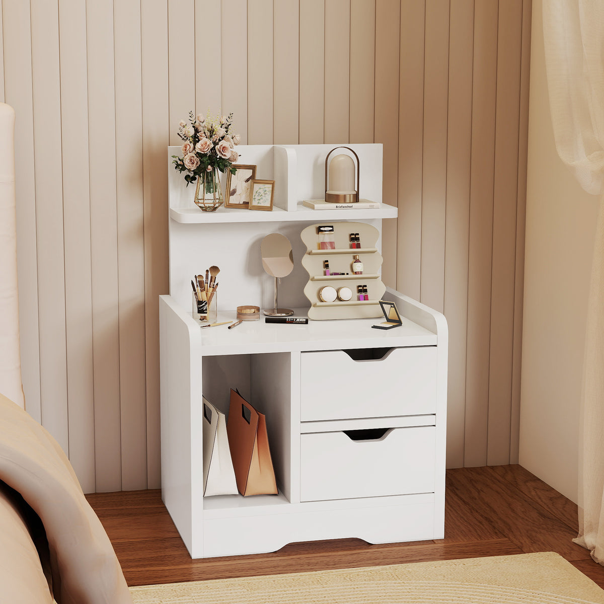HOMCOM Modern Bedside Table With 2 Drawers And Open Shelves For Bedroom