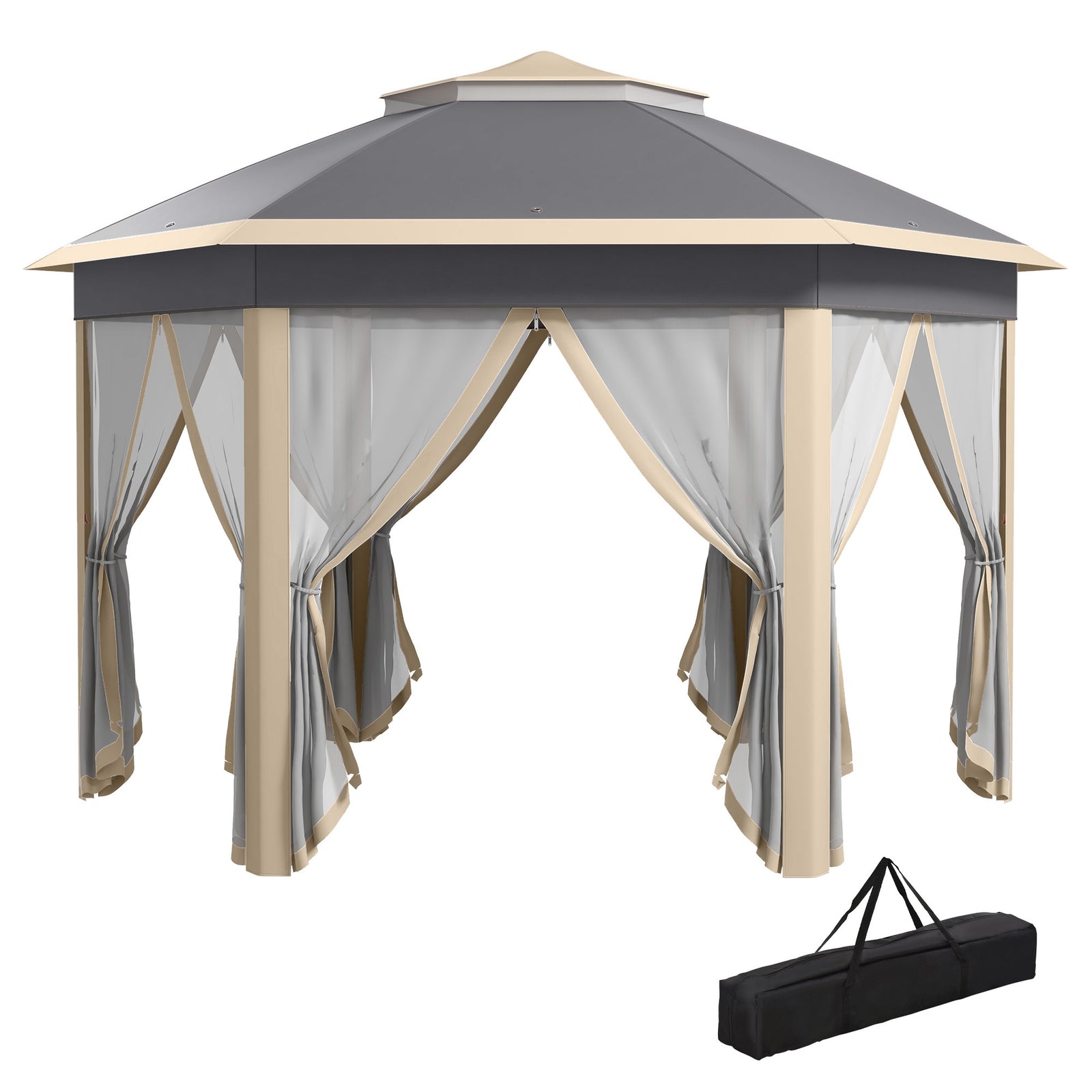 4x4m Hexagon Gazebo With Metal Frame Mesh Curtains Garden | Khaki