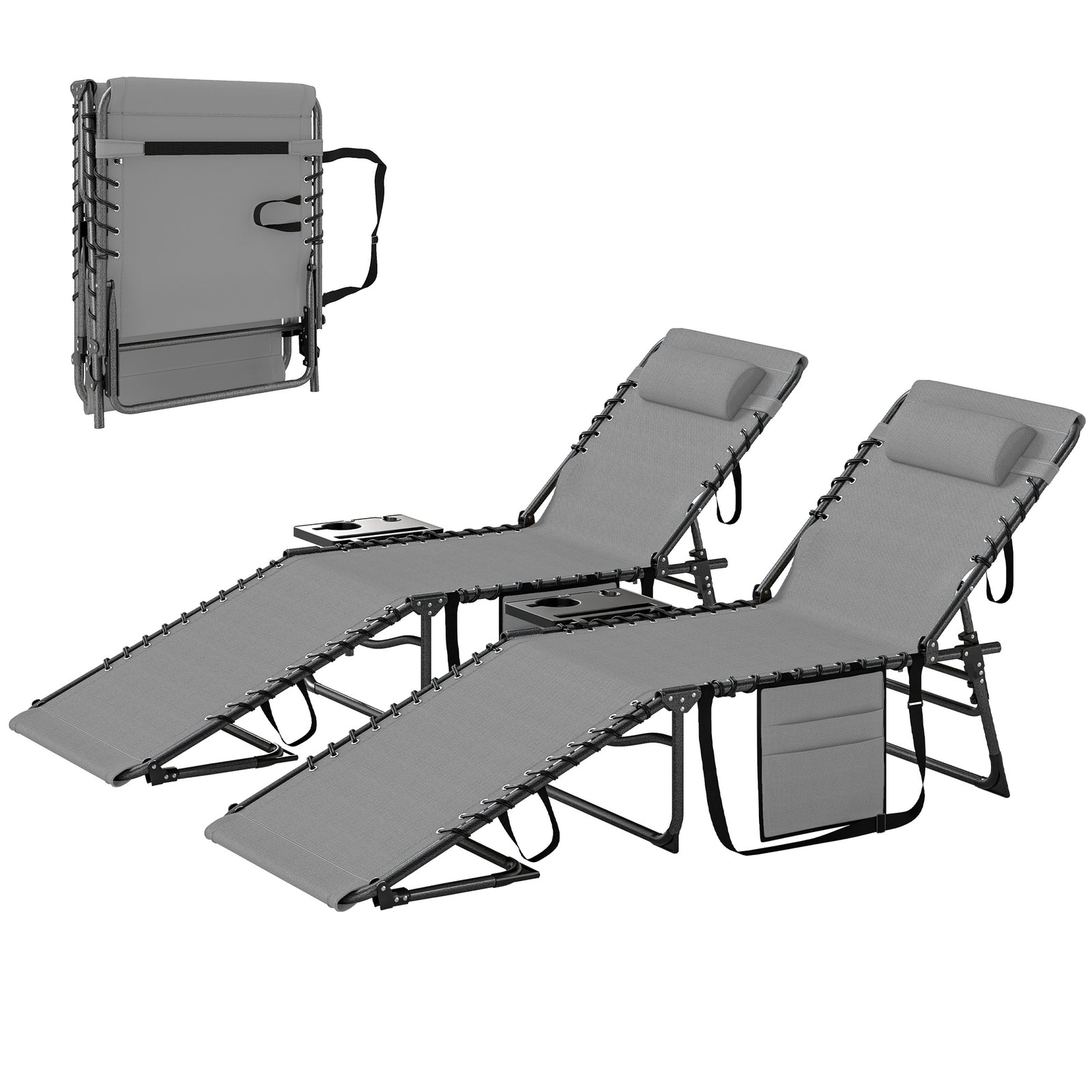 Folding Sun Loungers With 5-level Back, Cup Holder | Grey