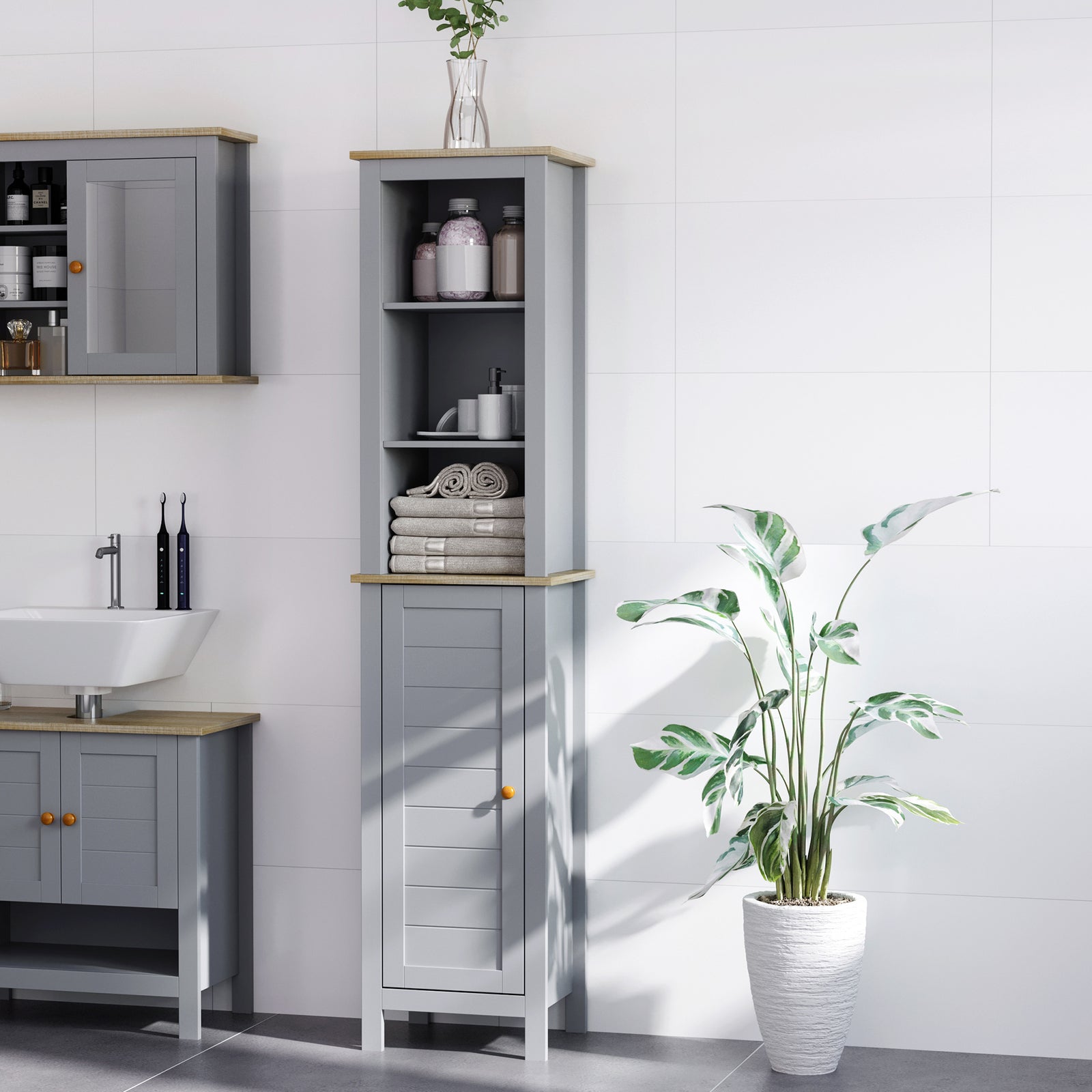 Bathroom Floor Tall Cabinet Storage Unit Adjustable Shelf