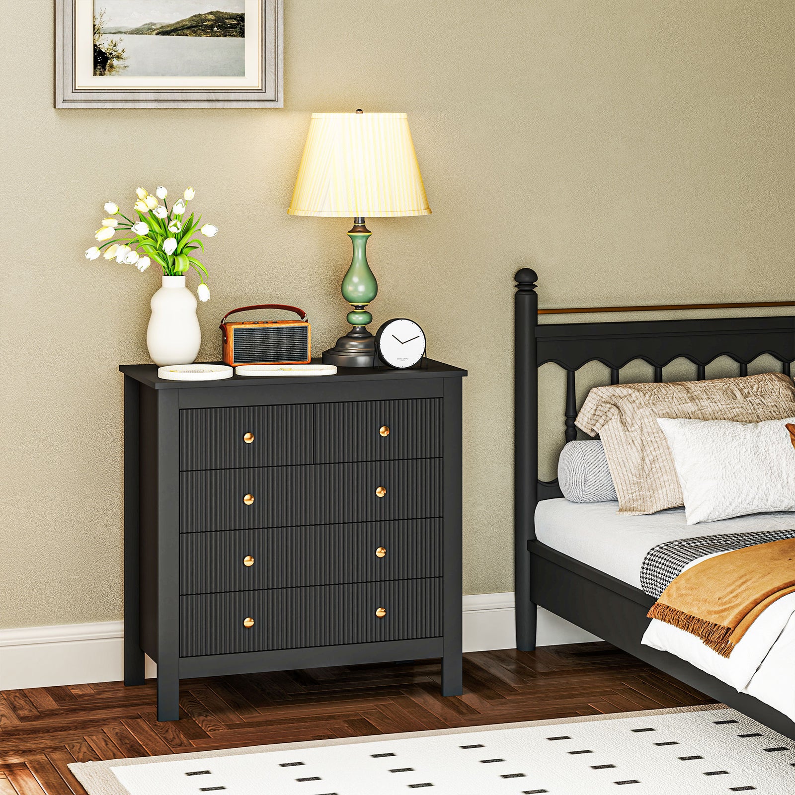 Fluted Bedroom Chest Of Drawers W/ 5 Drawers Gold Tone | One Size | Black