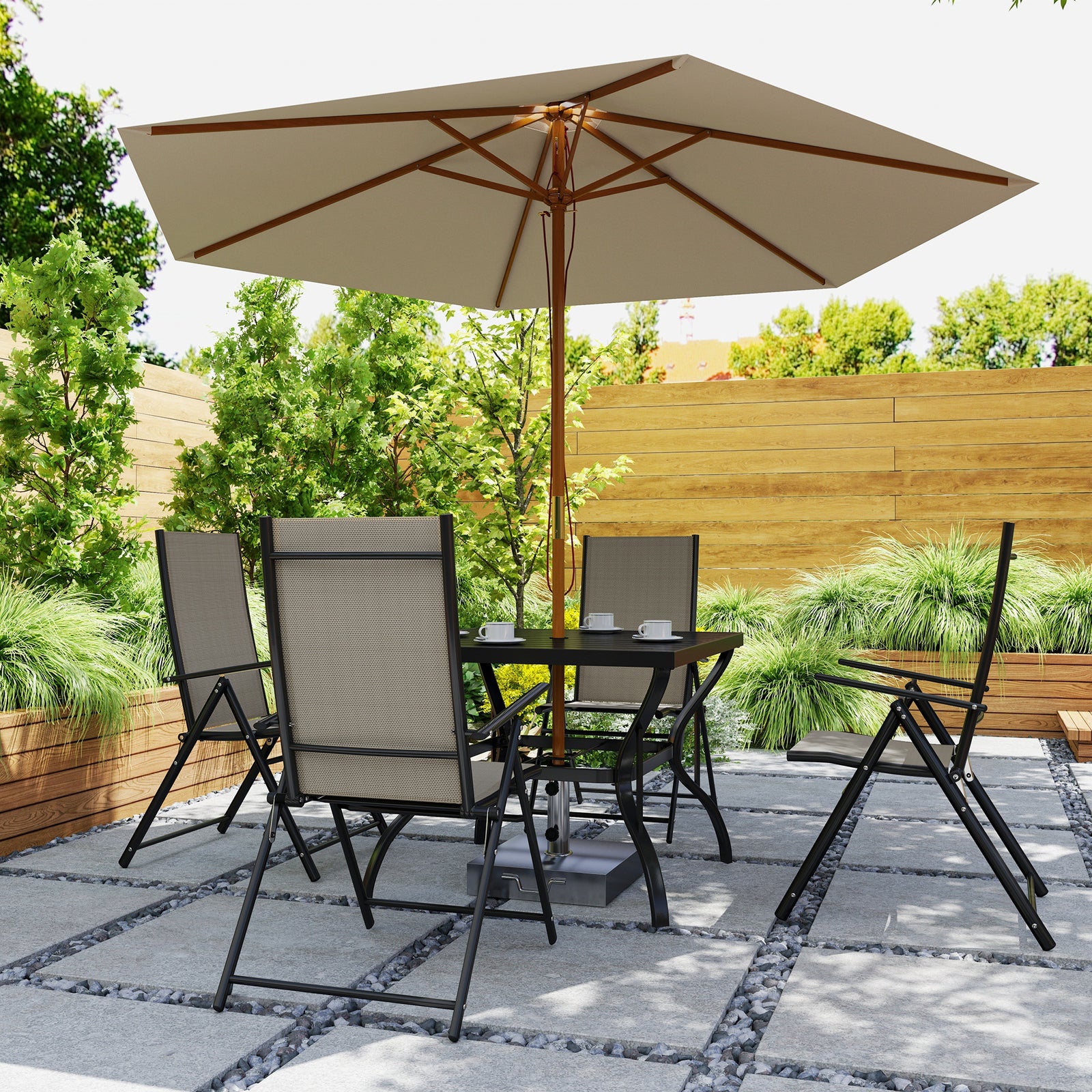 5 Pcs Garden Dining Set, Folding Chairs And Metal Top Table | Khaki