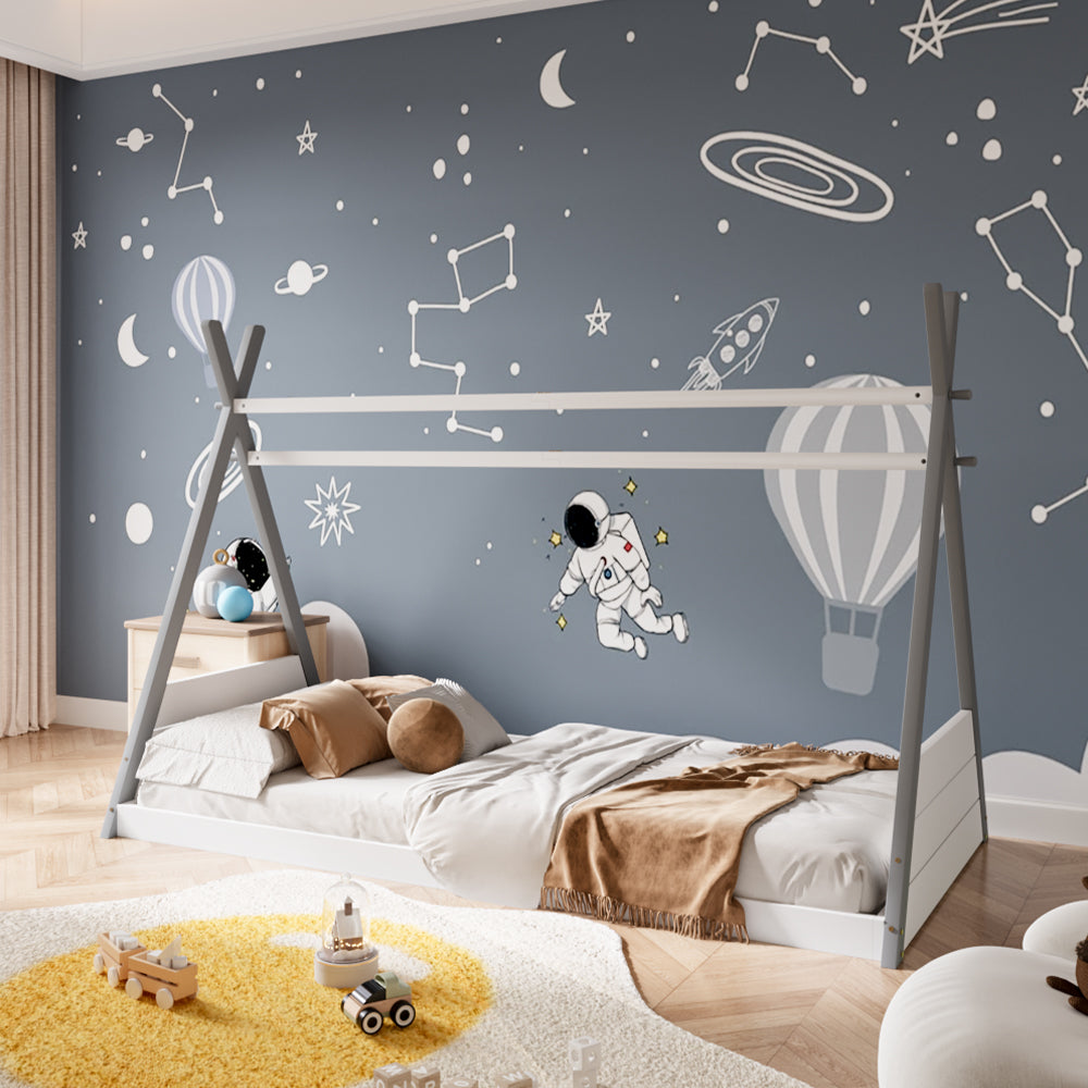 Montessori Kids Bed – 190cm X 90cm Solid Pine Wood House Bed Frame With Headboard And Footboard, White & Grey Toddler Single Bed"