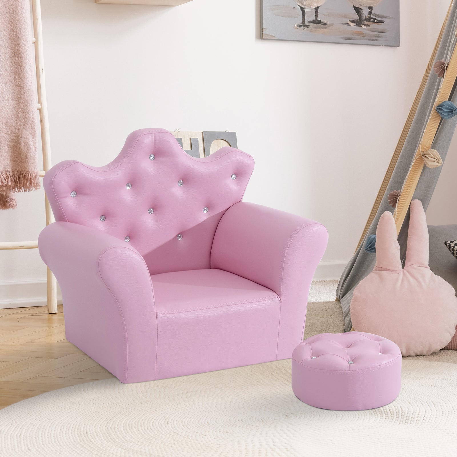 2 Pcs Kids Sofa And Ottoman Child Size Armchair For Girls Age 3-7 Pink