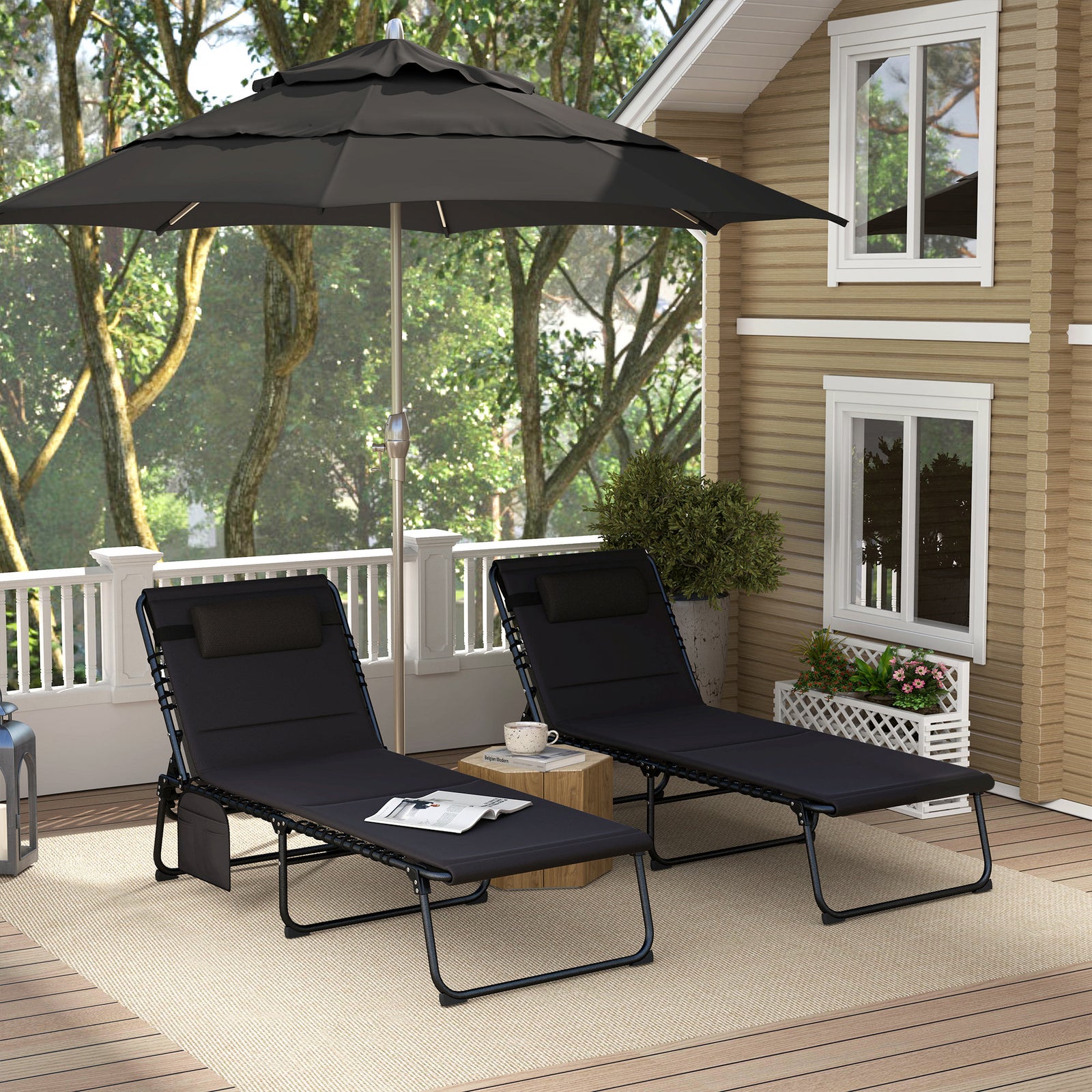 Folding Sun Loungers Set Of 2, Reclining Sun Bed | Black