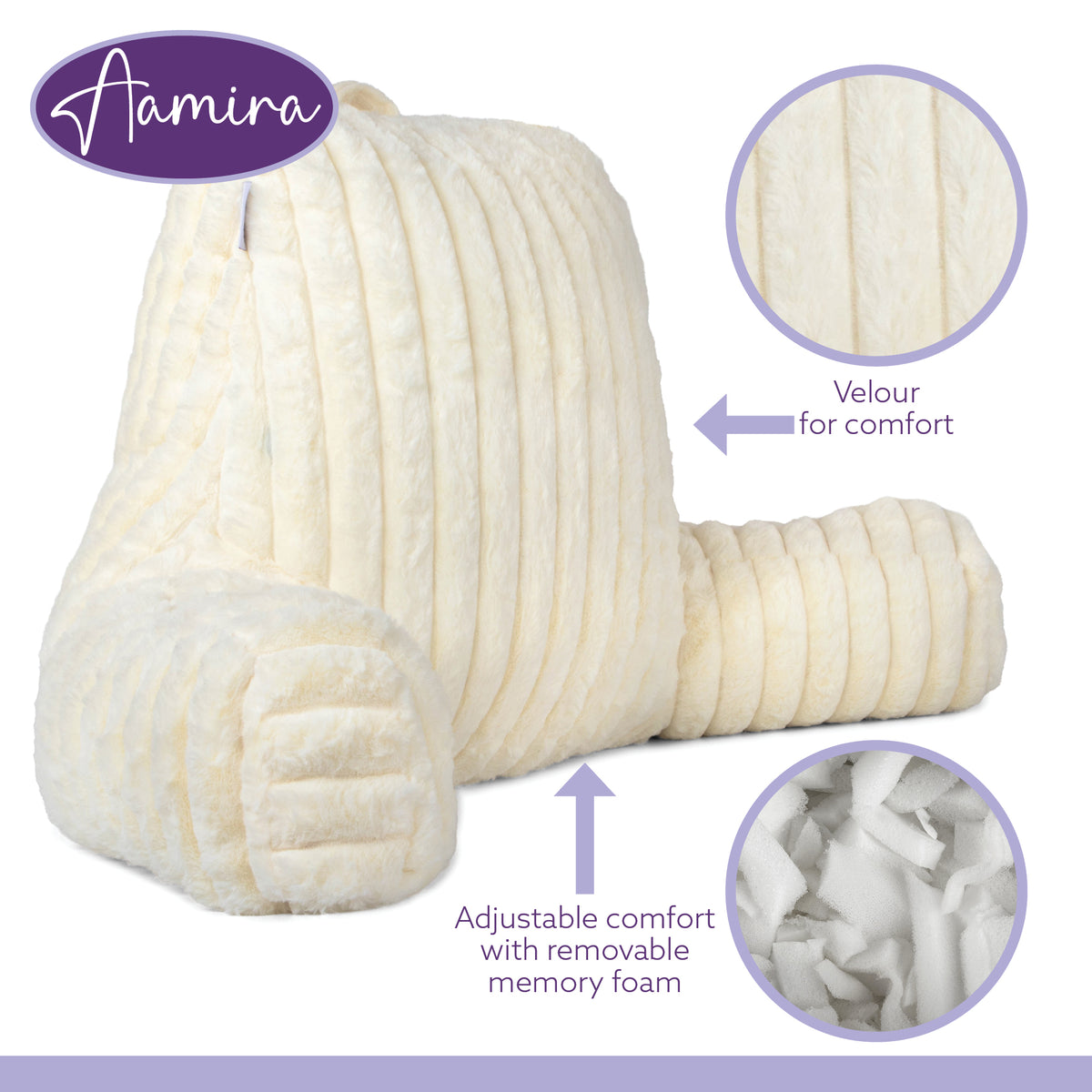 Deluxe Large Reading Pillow, Soft Ribbed Faux Fur, Shredded Memory Foam Cuddle Cuddle Cushion Backrest Arm Support | L | Cream