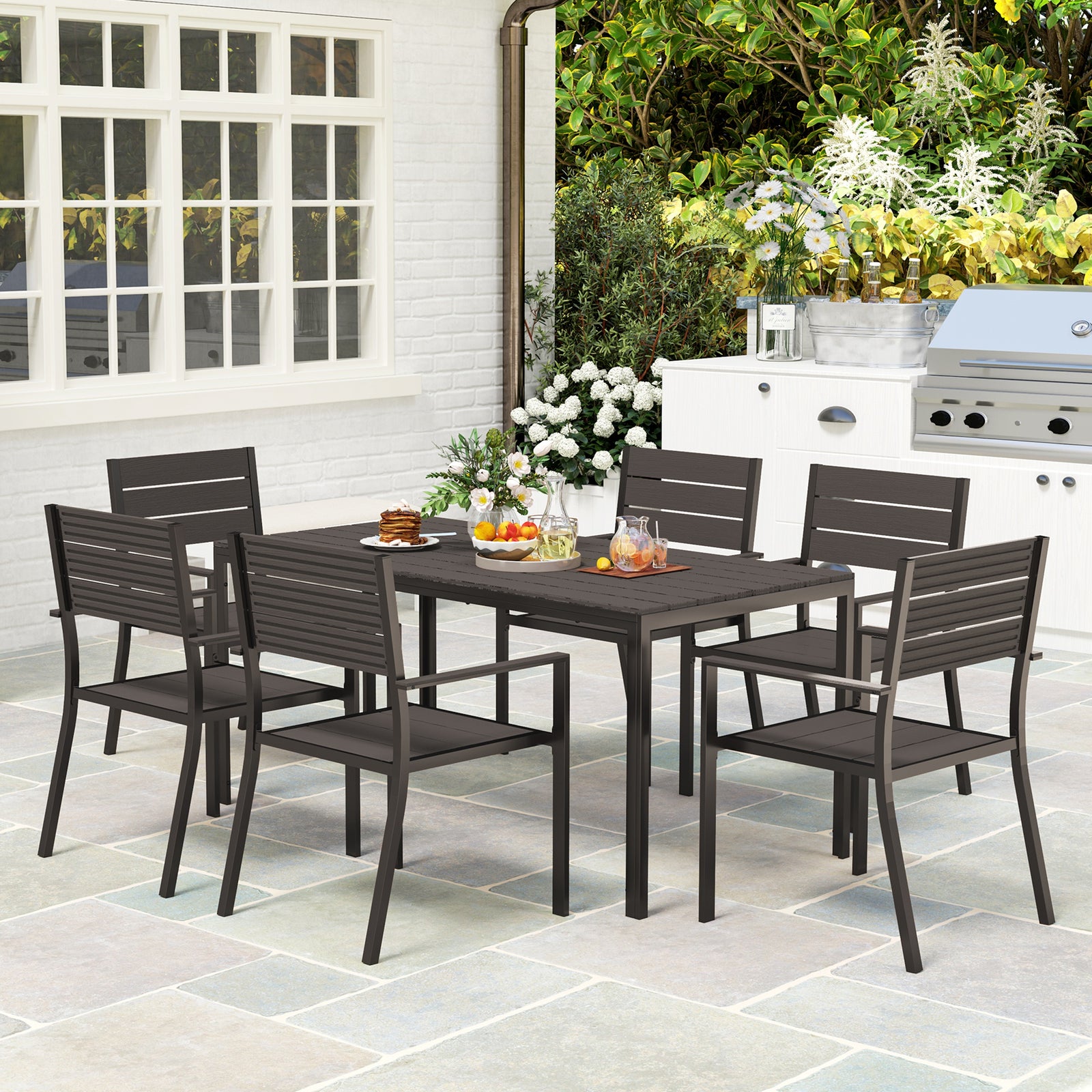 7 Piece Garden Furniture Set W/ Table And 6 Stackable Chairs