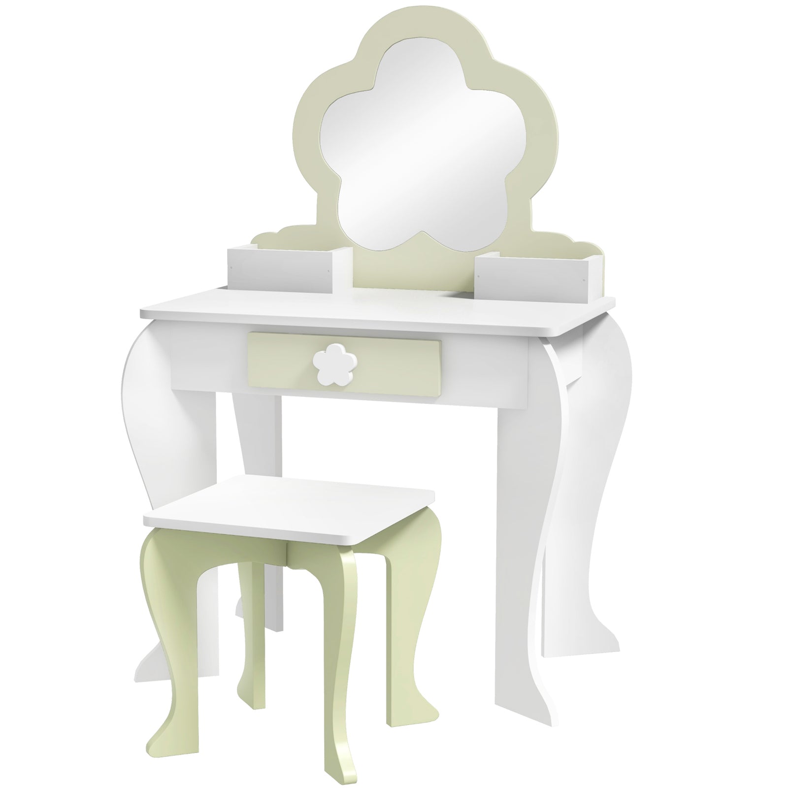 Kids Dressing Table With Mirror And Stool, Drawer, Storage Boxes - White | White