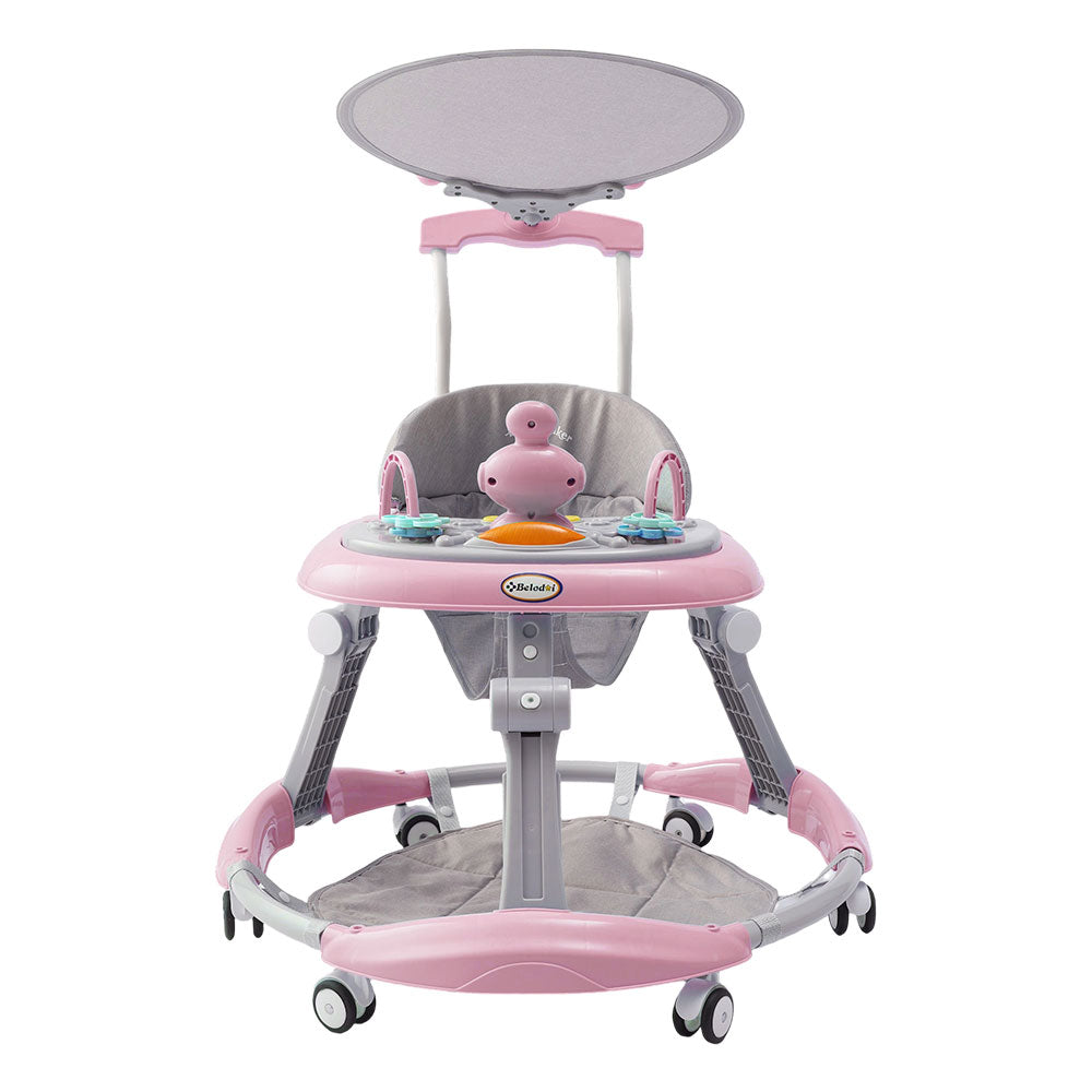Adjustable Baby Walker With Sunshade, Foldable Walker, Multifunctional Baby Walker, Feeding Tray, Interactive Music, Toys, Wheel Safety Breaks, | Pink
