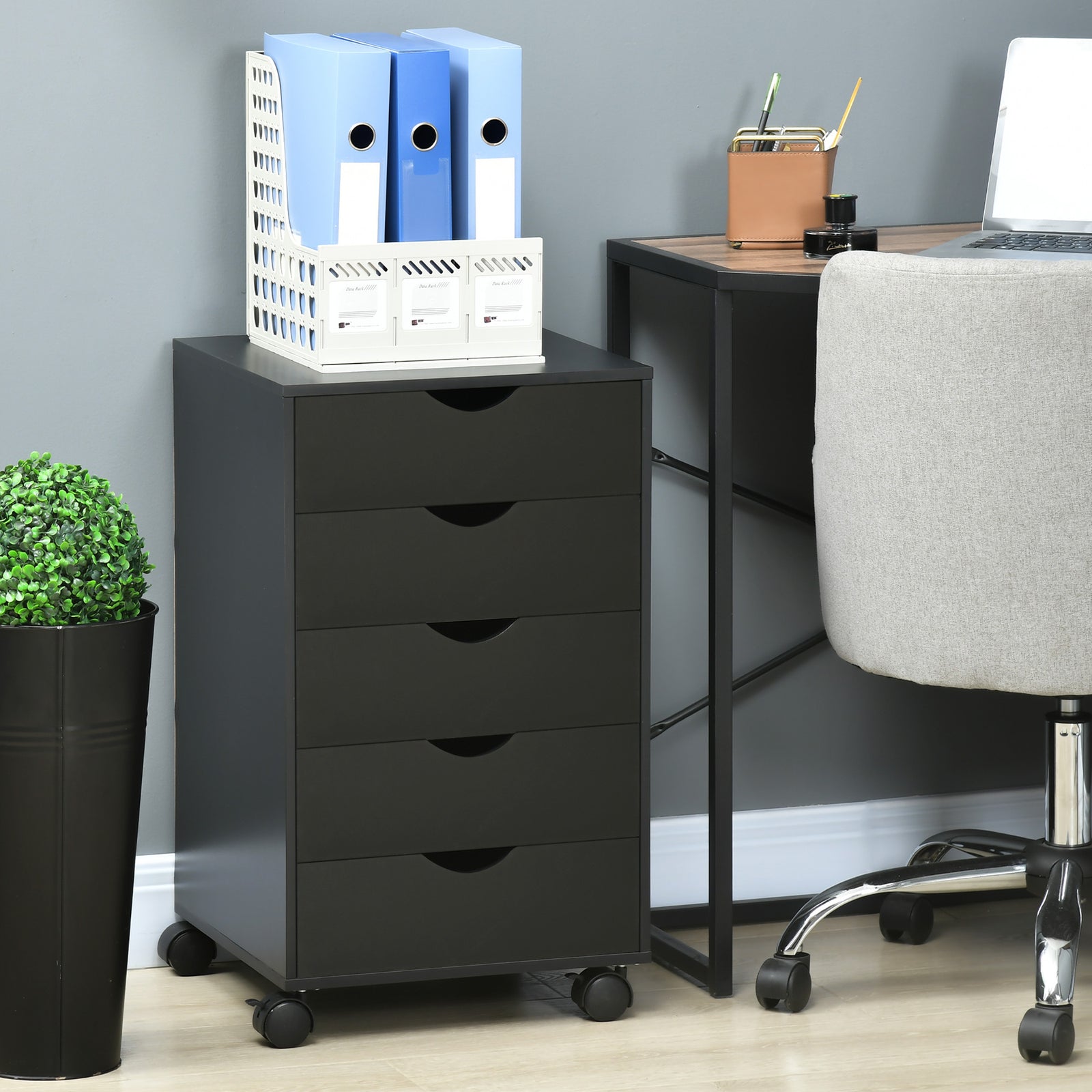Mobile Vertical Filing Cabinet With 5 Drawers Home Office | One Size | Black