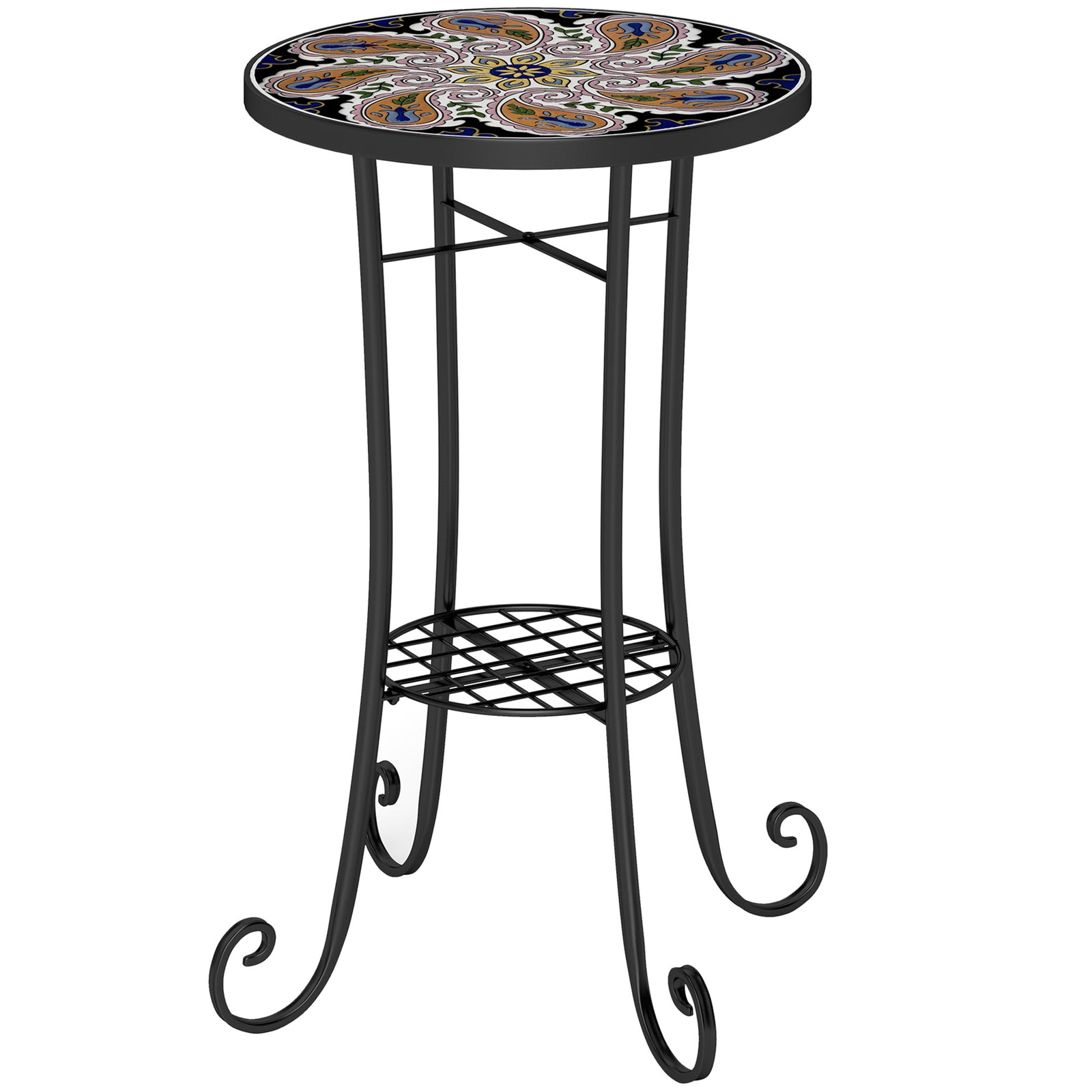 35.5cm Round Mosaic Garden Side Table Plant Stand W/ Shelf | Orange