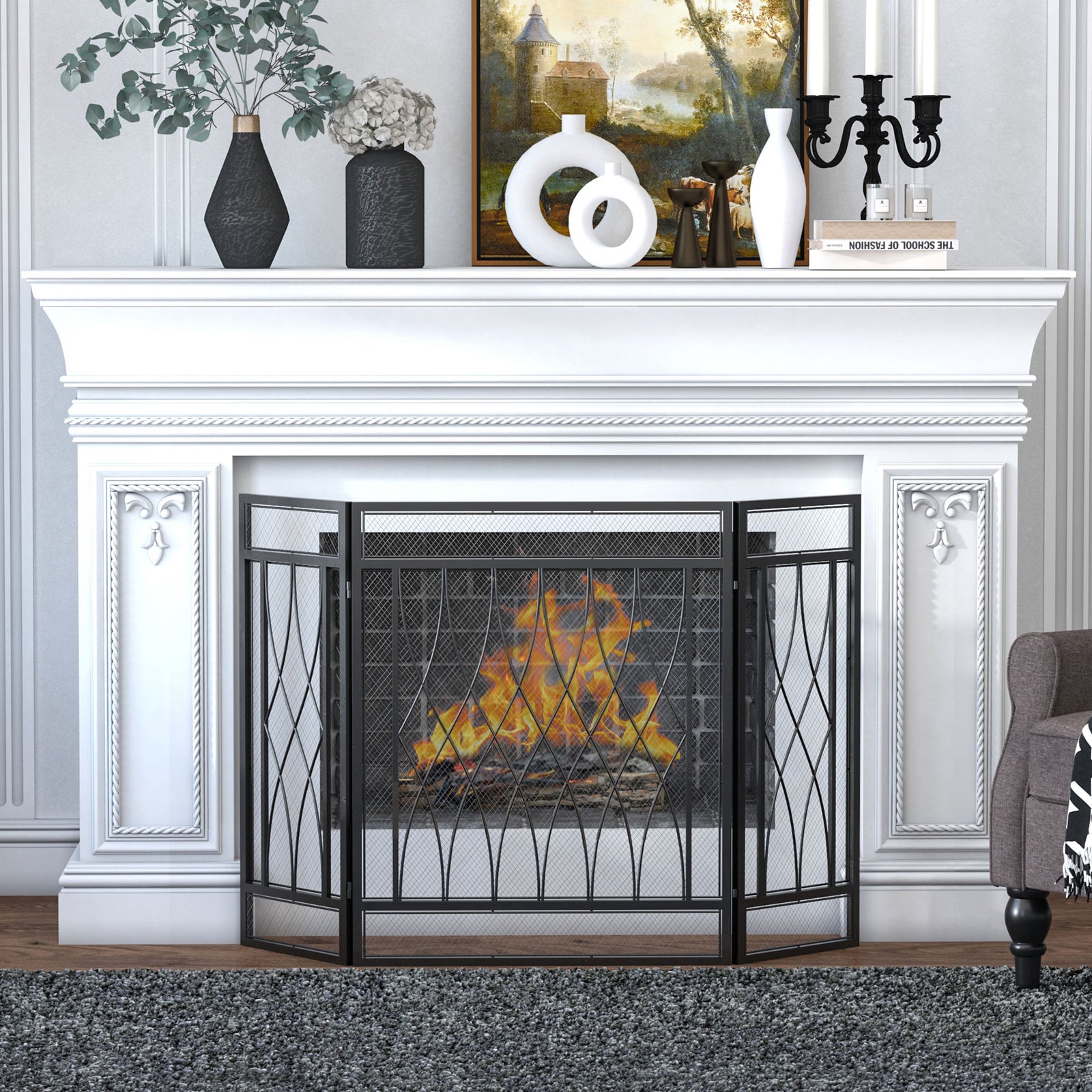 126cm 3 Panel Metal Folding Fireplace Screen Protective