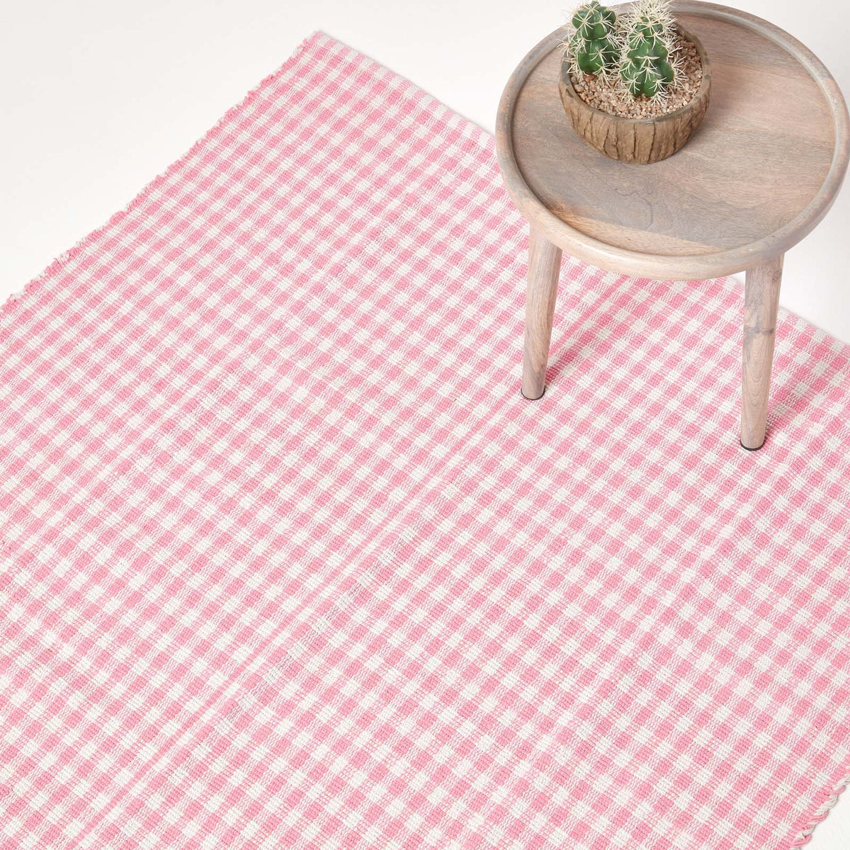 Cotton Gingham Check Rug Hand Woven | 120cm x 80cm | Pink