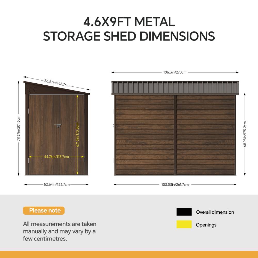 4.6 X 9ft Outdoor Metal Storage Shed With 3d Brown Wood Grain Finish,garden Tool Storage House, Double Doors, 2 Vents & 4 Hooks