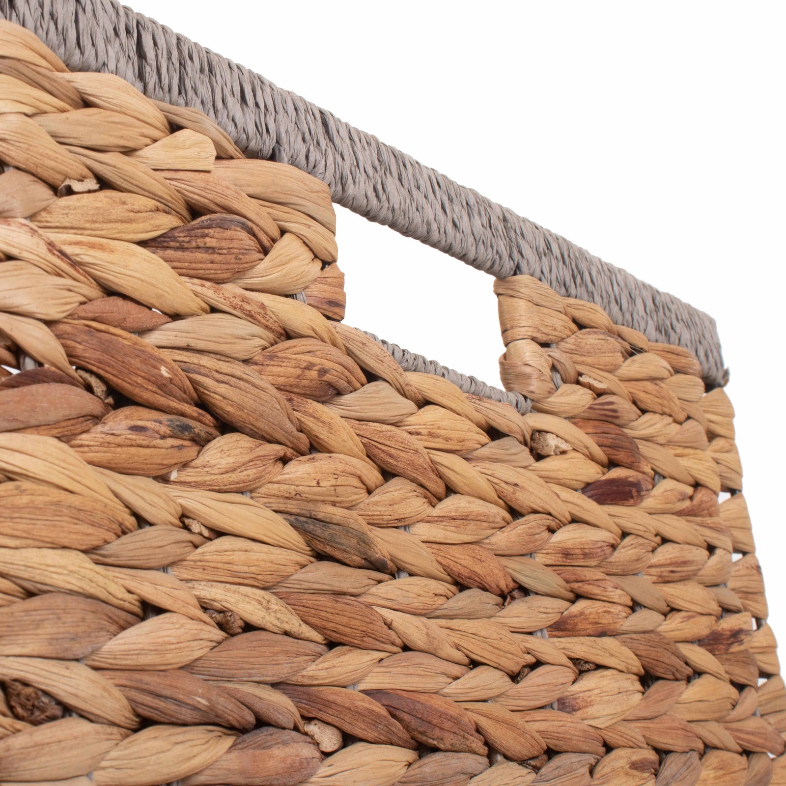 Water Hyacinth Square With Grey Rope Border Storage Basket | Large | Brown