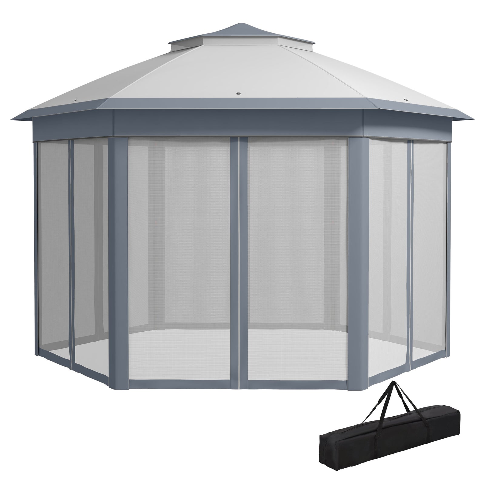 4x4m Hexagon Gazebo With Metal Frame Mesh Curtains Garden | Gray