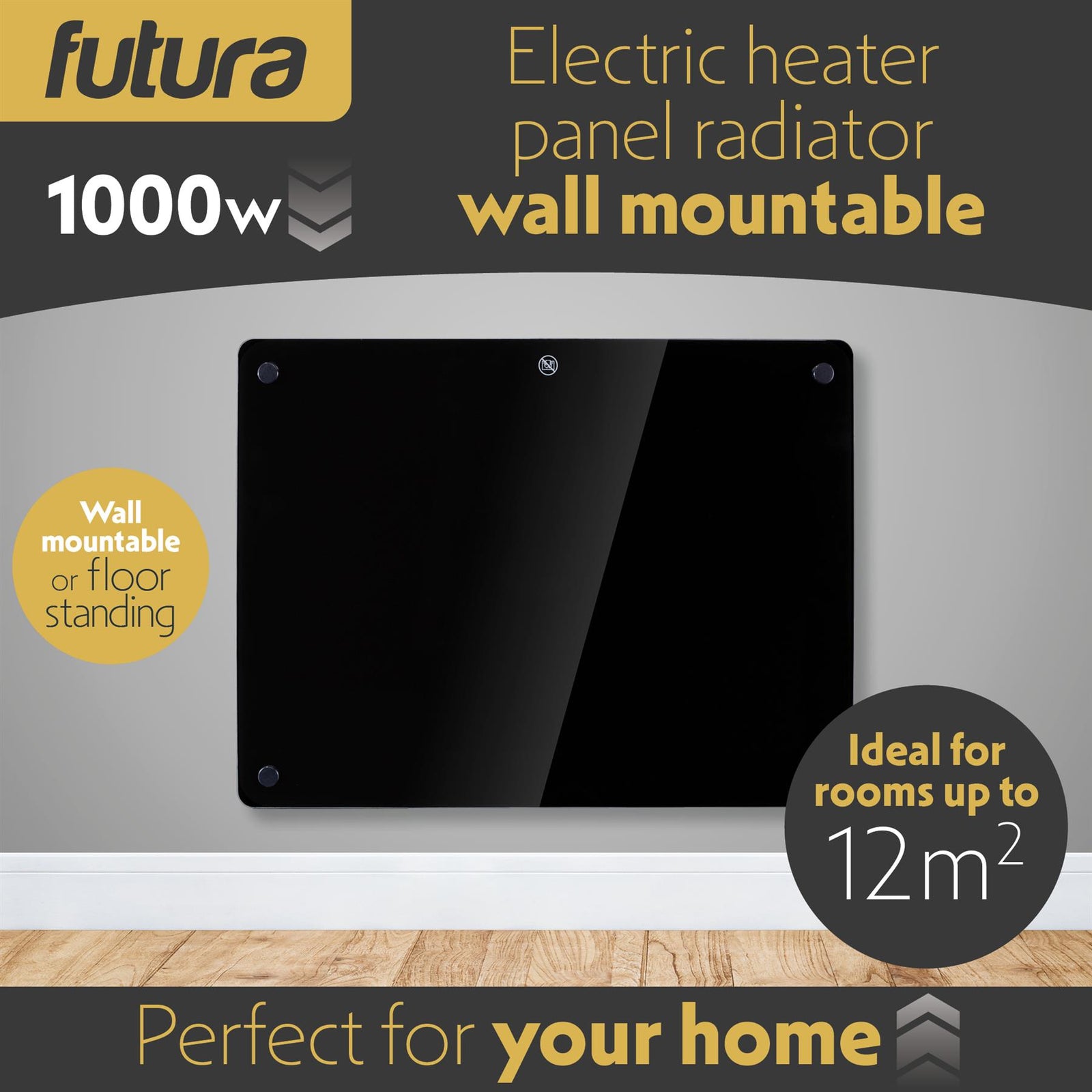 Electric Wifi Glass Radiator Panel Heater Black Wall Mounted Or Floor Standing Bathroom Safe, Timer And Thermostat | 1000w | Black