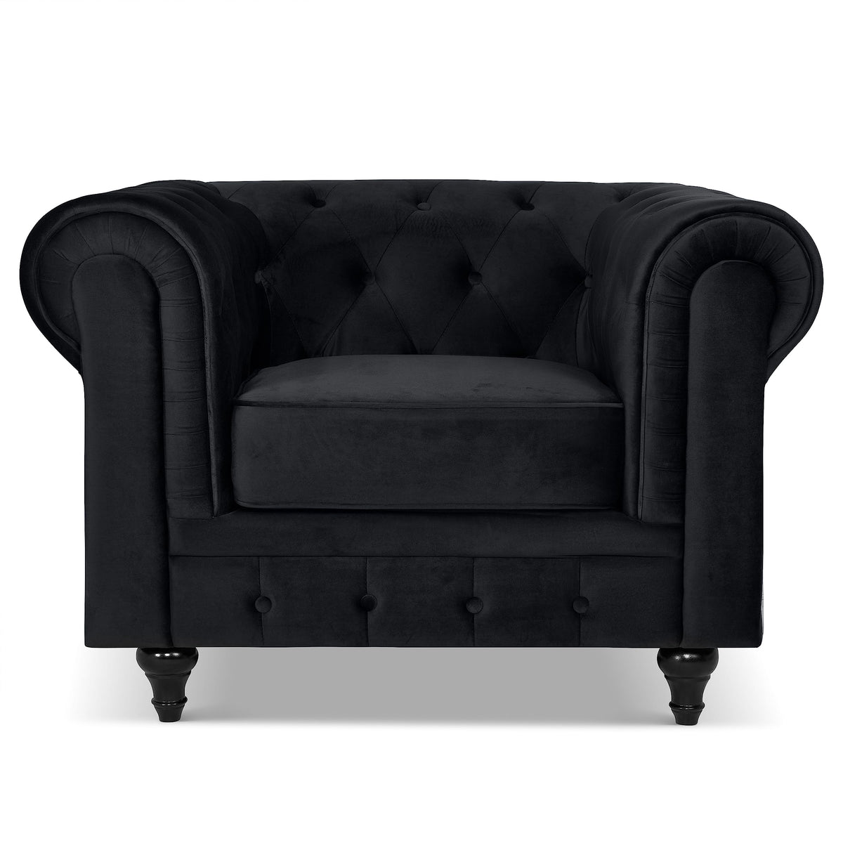 Chesterfield Scroll Arm Velvet Sofa 1 Seater | Black
