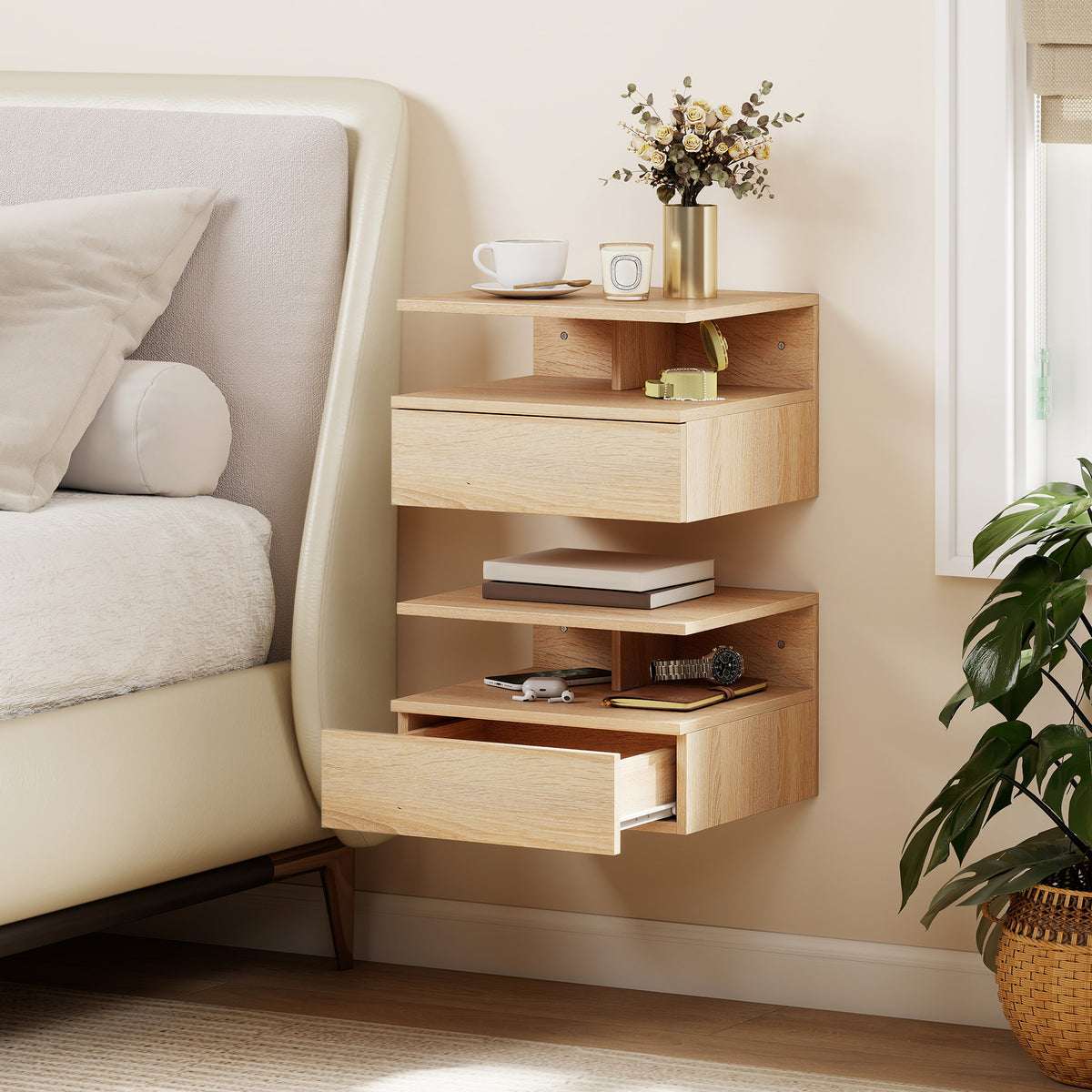 Modern Nightstand Set Of 2, Wall Mounted Bedside Cabinet | Oak