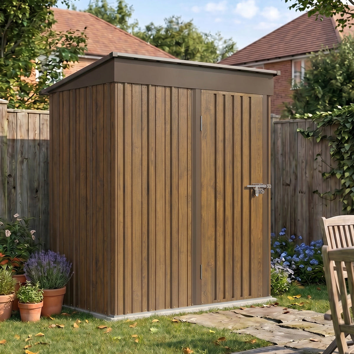 3x5 Ft Outdoor Pent Roof Metal Garden Storage Shed With 3d Brown Wood Grain Finish