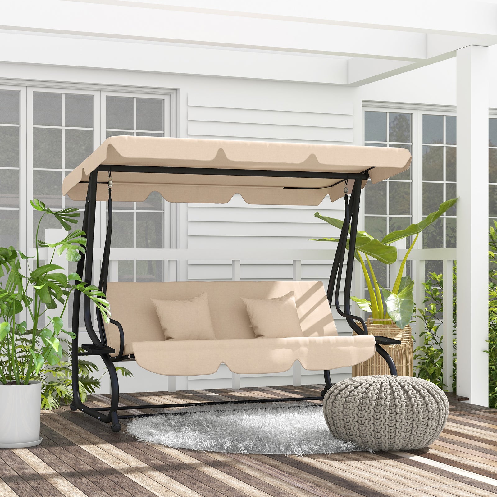 2-in-1 Garden Swing Seat Bed With Tilting Canopy & 2 Pillows
