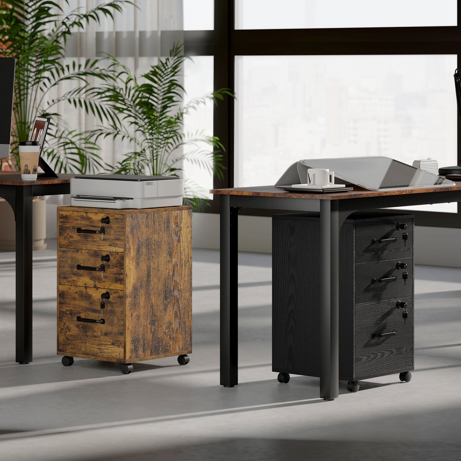 3 Drawer File Cabinet Rolling Filing Cabinet For A4 And Letter | Rustic Brown