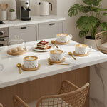 Set Of 4 Ceramic Coffee Cups With Saucers, Spoons & Metal Stand | White