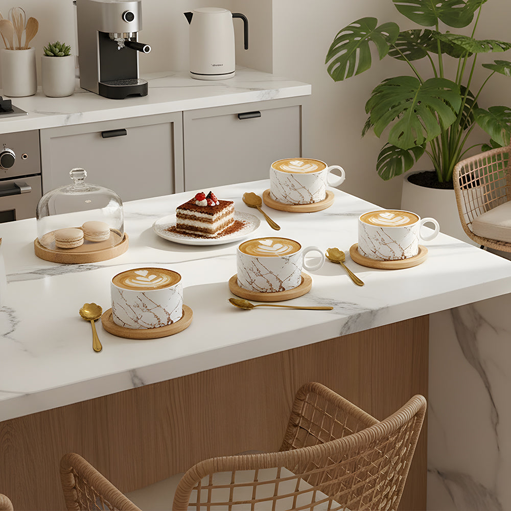 Set Of 4 Ceramic Coffee Cups With Saucers, Spoons & Metal Stand | White