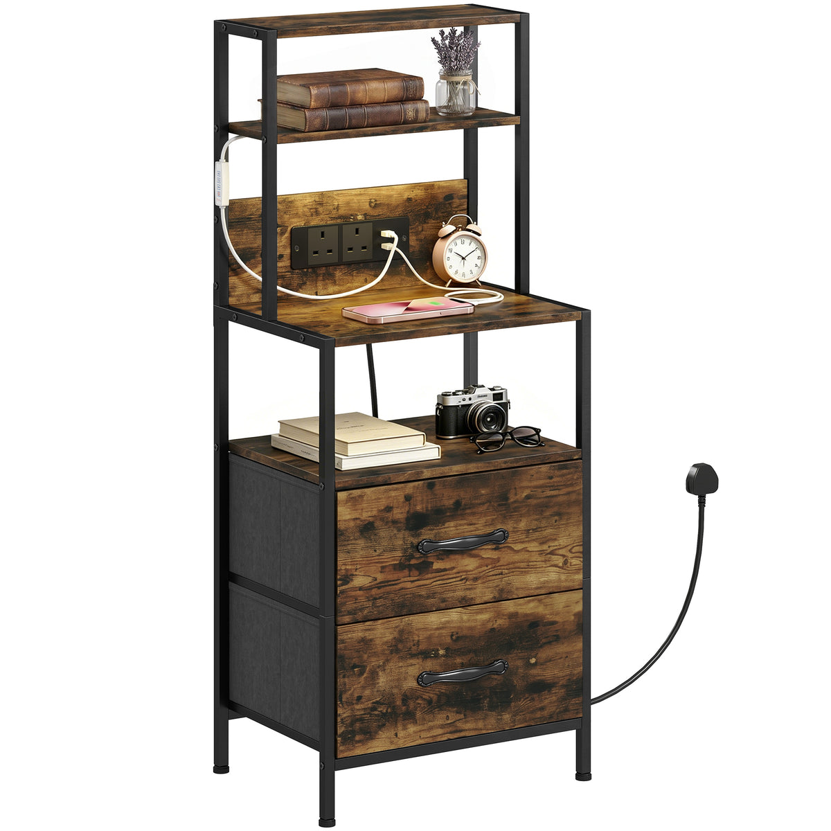 HOMCOM Bedside Table With Charging Station & Led Light Strips, Rustic Brown