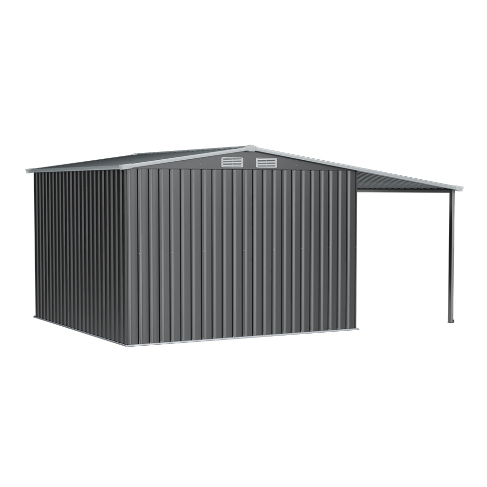 8x8ft Galvanized Steel Garden Shed With 1.1m Lean-to Extension & Shelves – Heavy Duty Outdoor Storage Shed With Firewood Roof & Ample Space