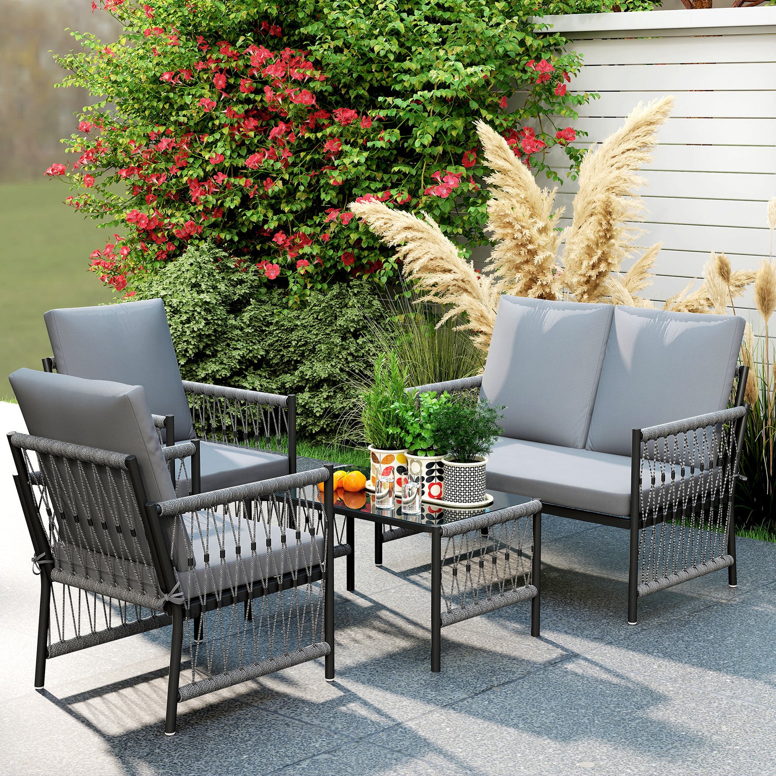 4 Piece Rattan Set, Wicker Conversation Set | Gray