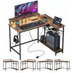 L Shaped Desk With Led Lights And Storage | Rustic Brown