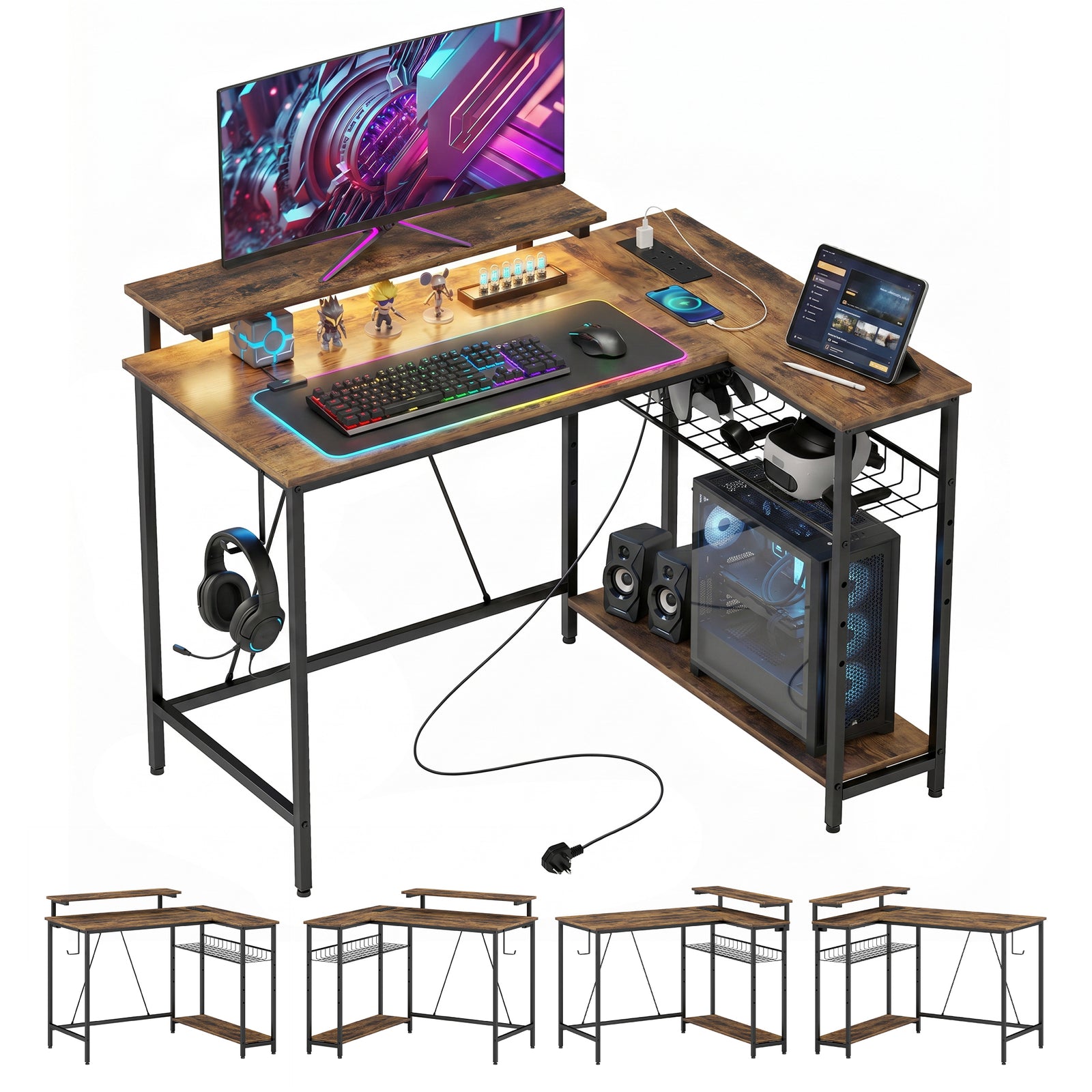 L Shaped Desk With Led Lights And Storage | Rustic Brown